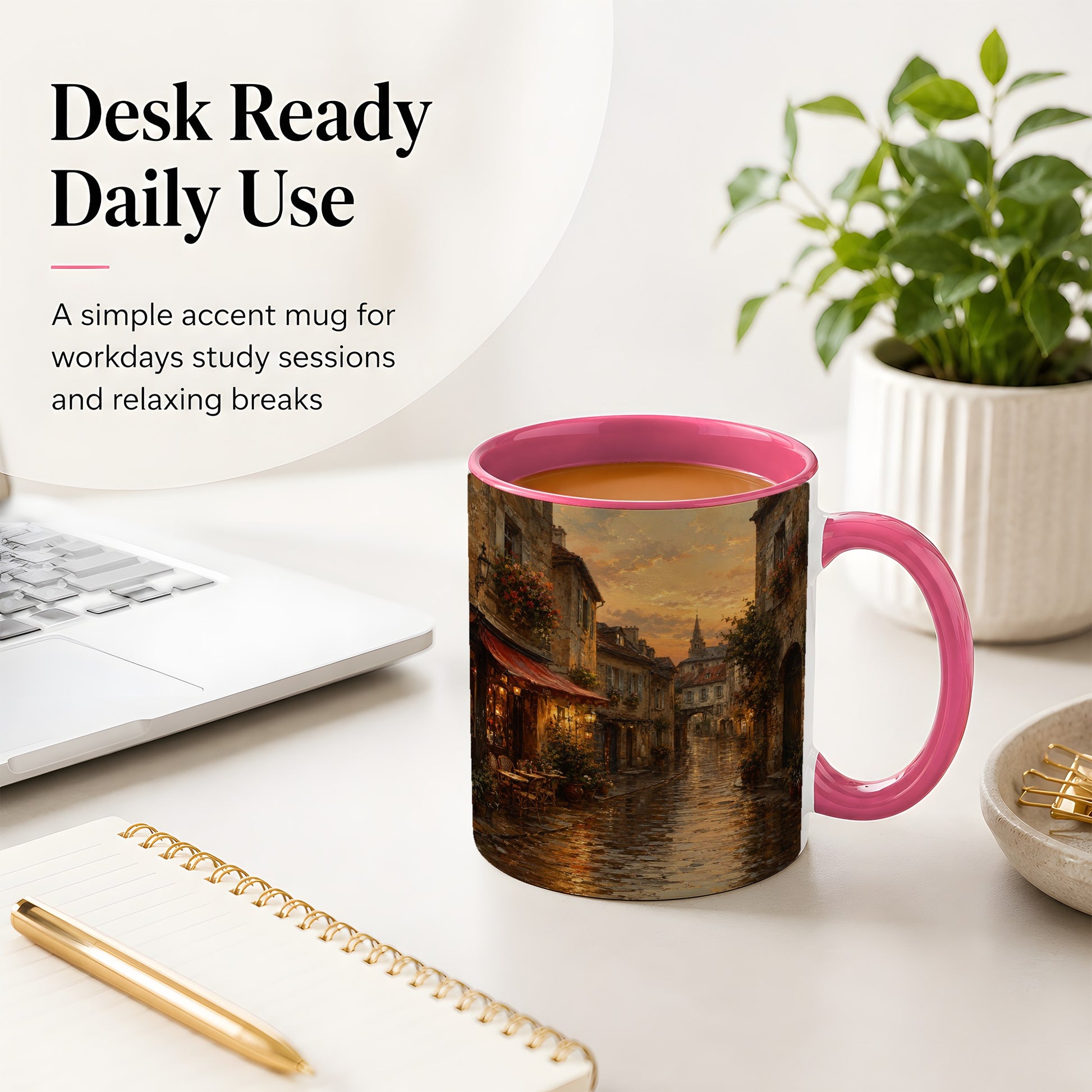 #pl[11oz|Pink] Rainy Old Town Ceramic Mug, Cozy European Cafe Street Scene