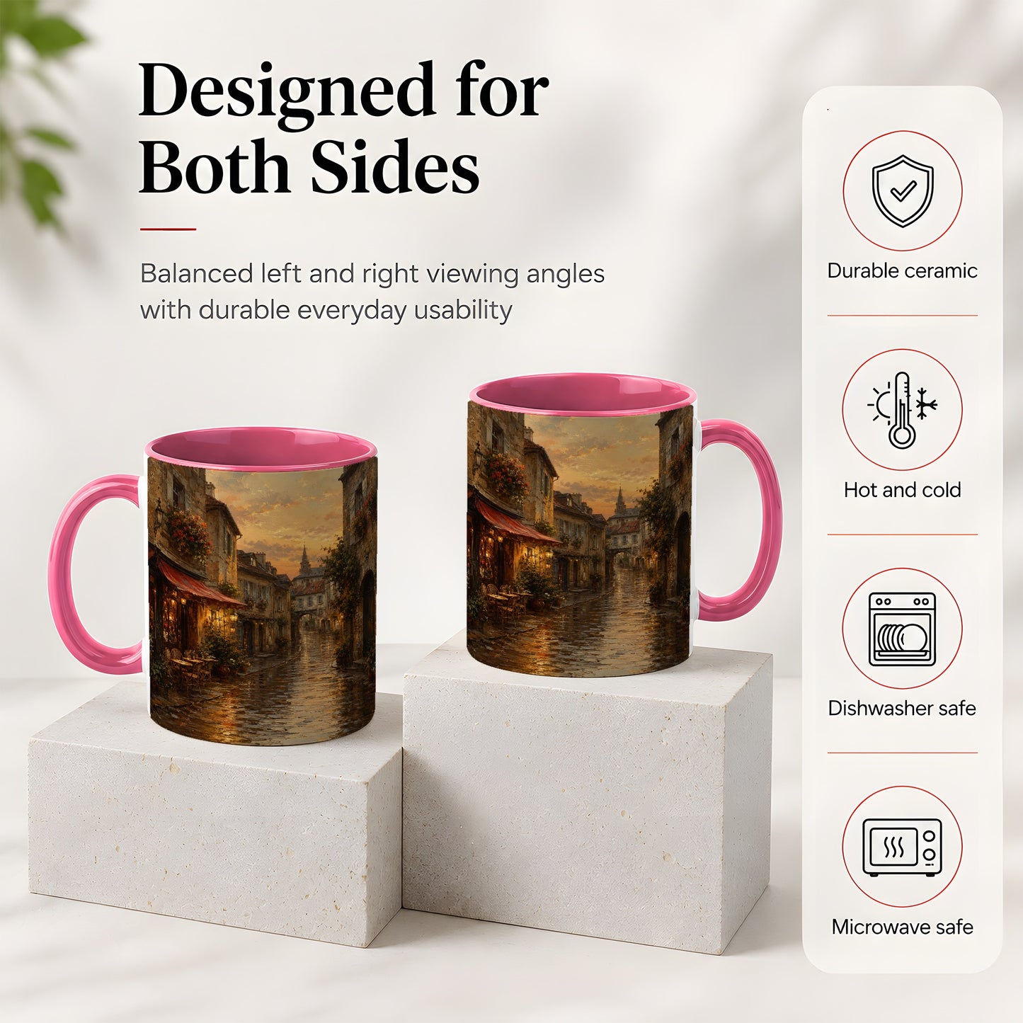 #pl[11oz|Pink] Rainy Old Town Ceramic Mug, Cozy European Cafe Street Scene