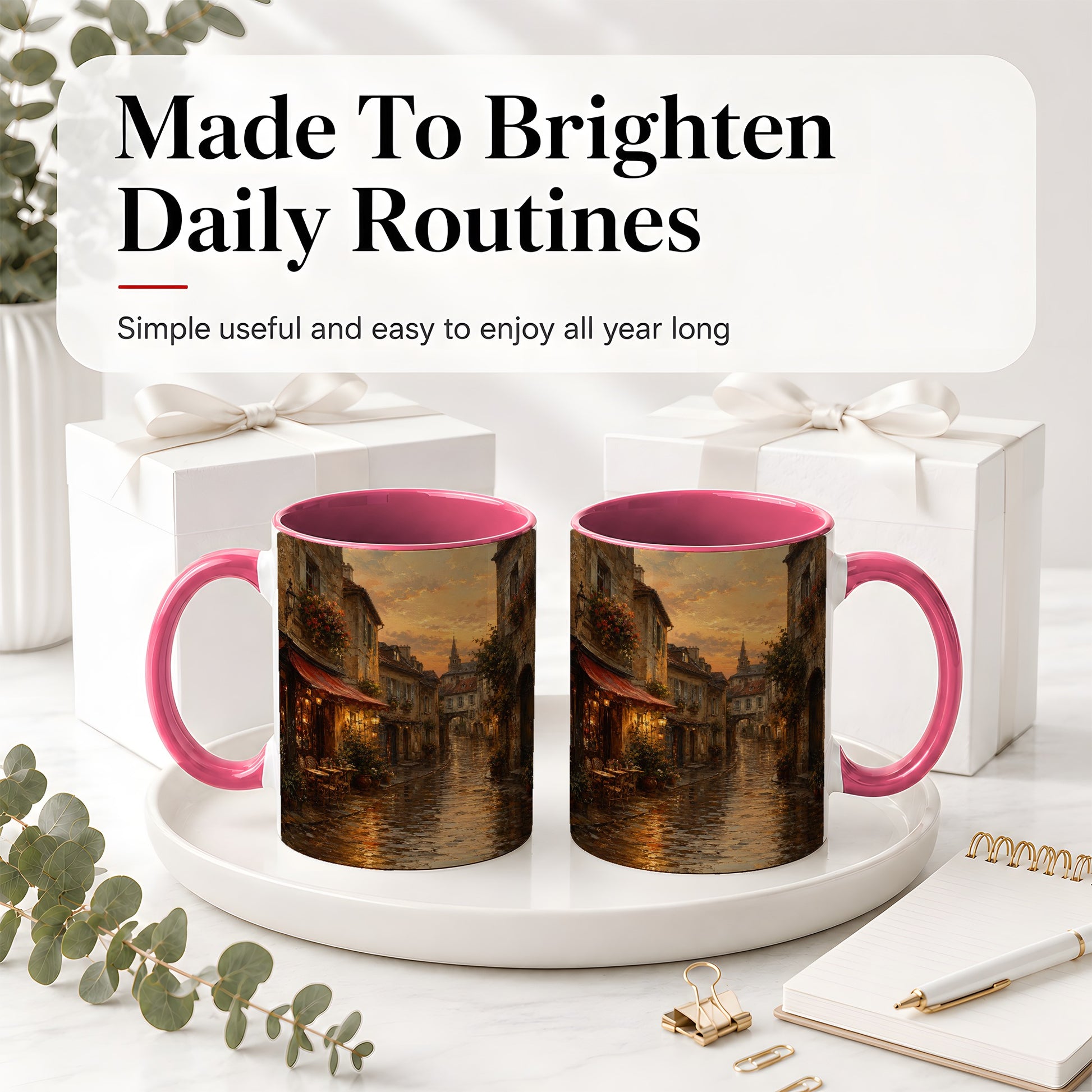 #pl[11oz|Pink] Rainy Old Town Ceramic Mug, Cozy European Cafe Street Scene