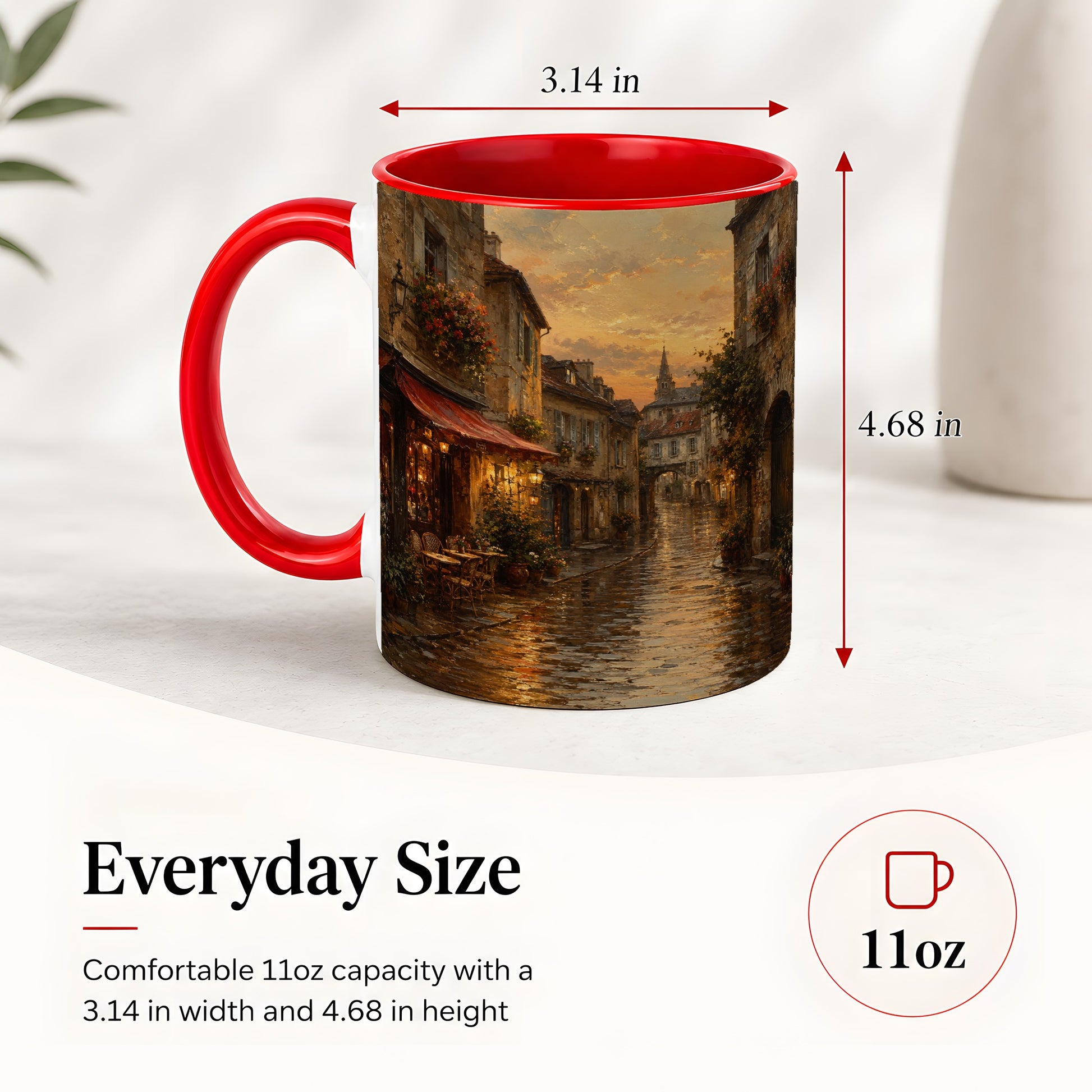 #pl[11oz|Red] Rainy Old Town Ceramic Mug, Cozy European Cafe Street Scene