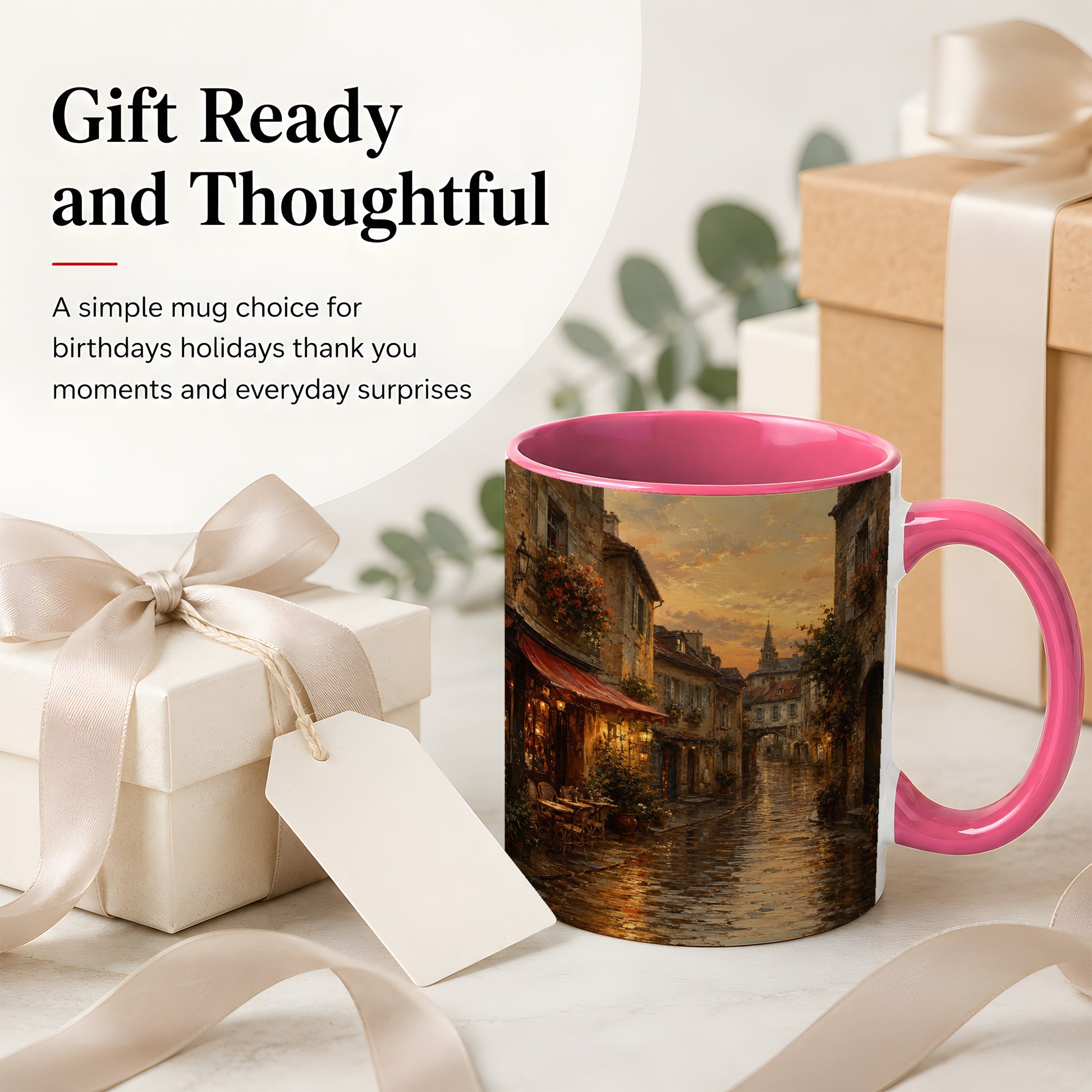 #pl[11oz|Pink] Rainy Old Town Ceramic Mug, Cozy European Cafe Street Scene