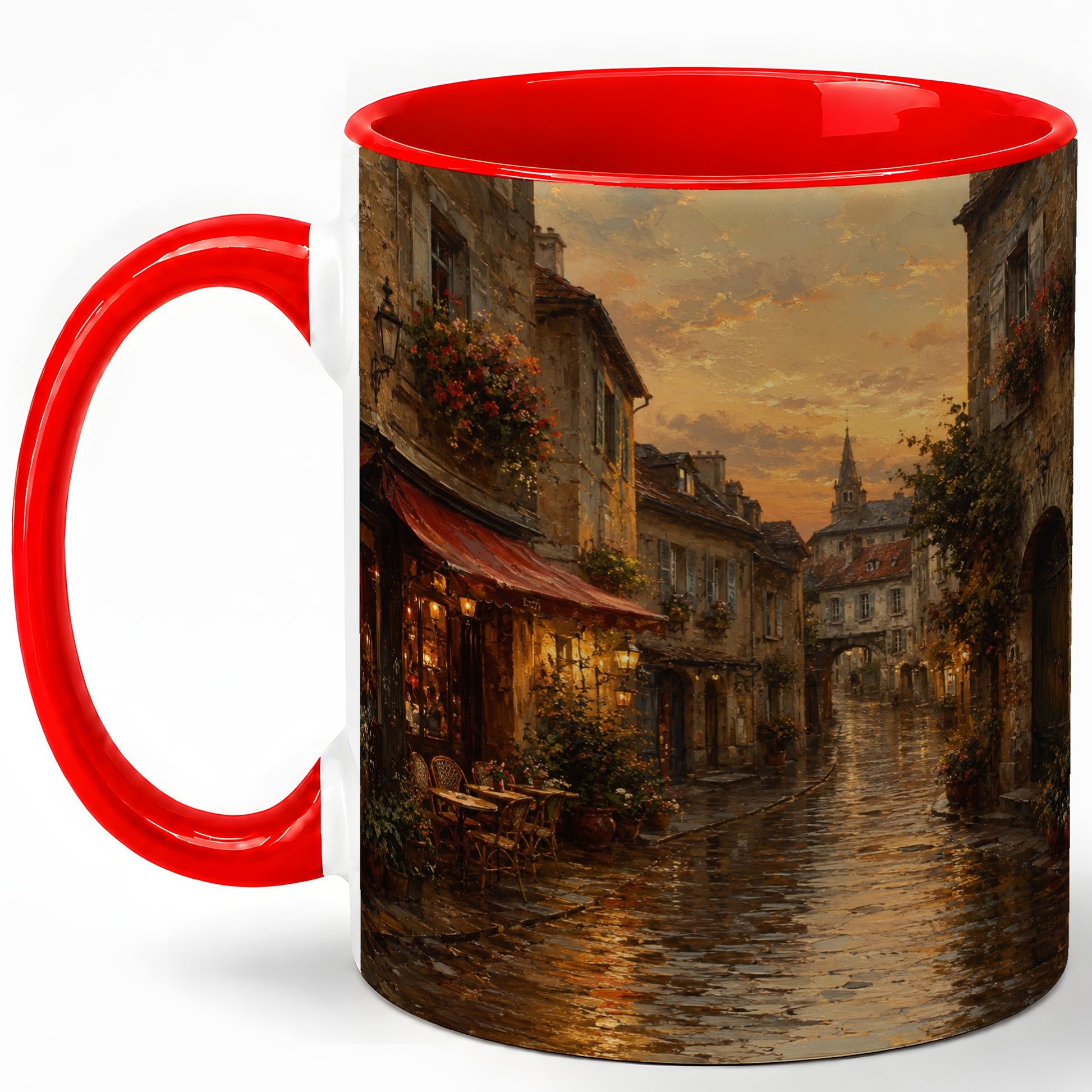 Rainy Old Town Ceramic Mug, Cozy European Cafe Street Scene