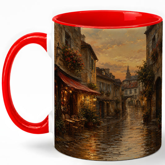 Rainy Old Town Ceramic Mug, Cozy European Cafe Street Scene
