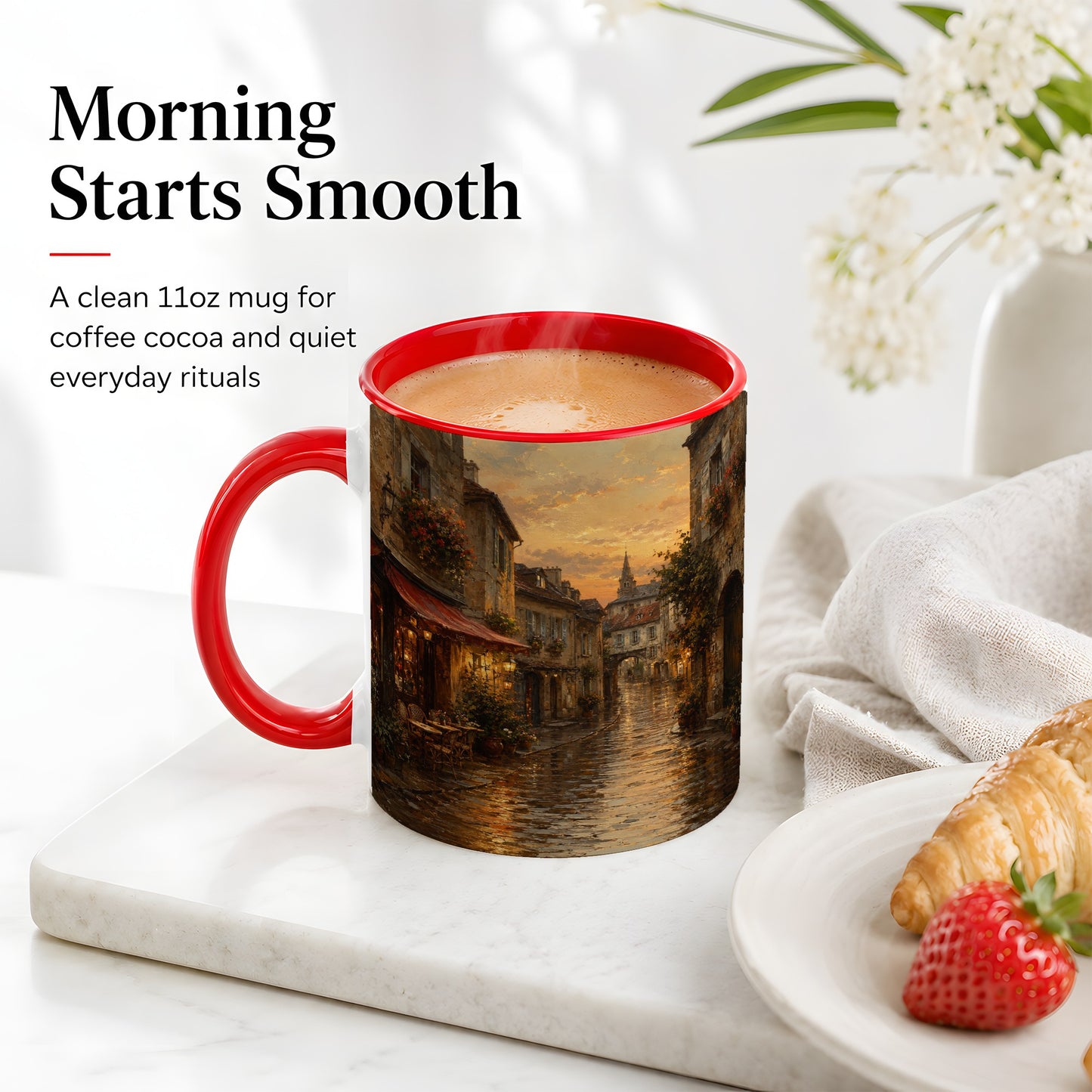 #pl[11oz|Red] Rainy Old Town Ceramic Mug, Cozy European Cafe Street Scene