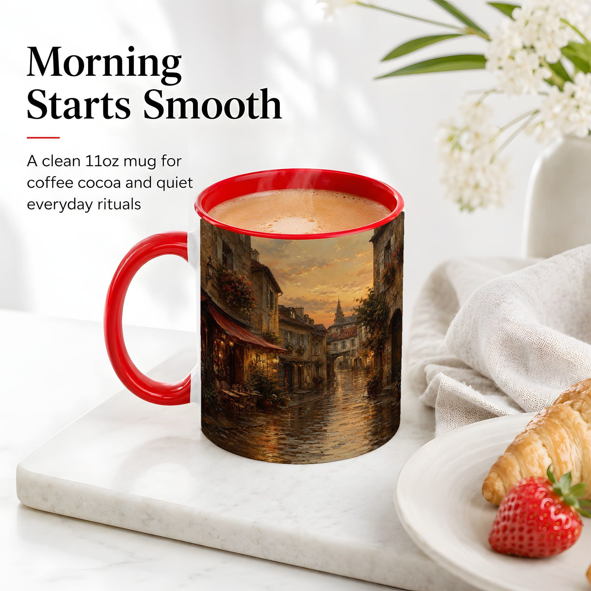 #pl[11oz|Red] Rainy Old Town Ceramic Mug, Cozy European Cafe Street Scene