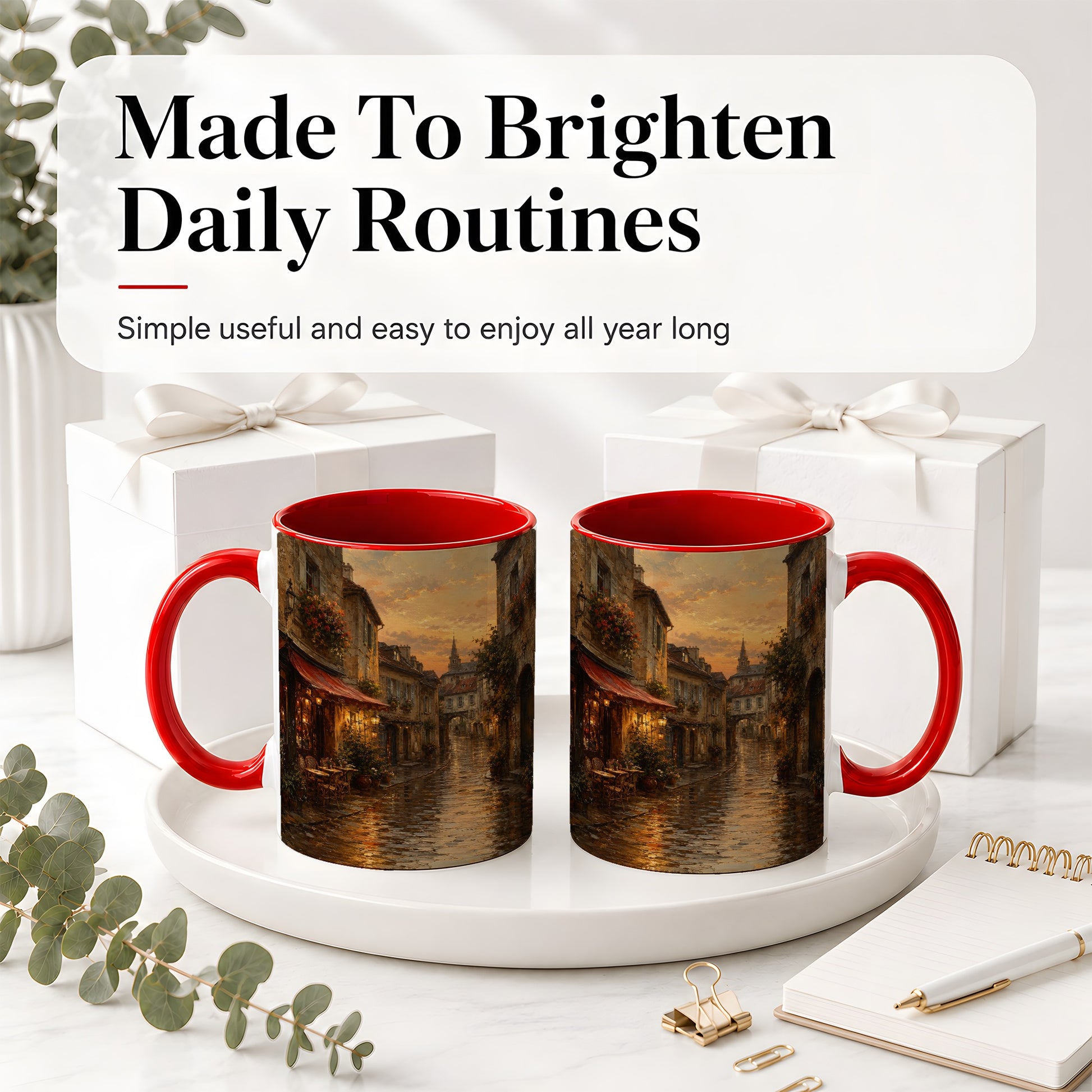 #pl[11oz|Red] Rainy Old Town Ceramic Mug, Cozy European Cafe Street Scene