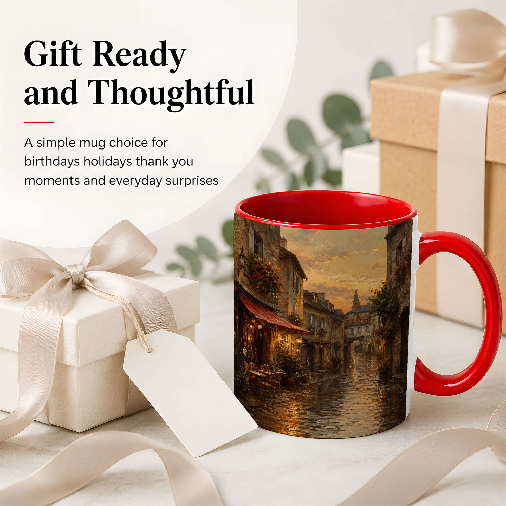 #pl[11oz|Red] Rainy Old Town Ceramic Mug, Cozy European Cafe Street Scene