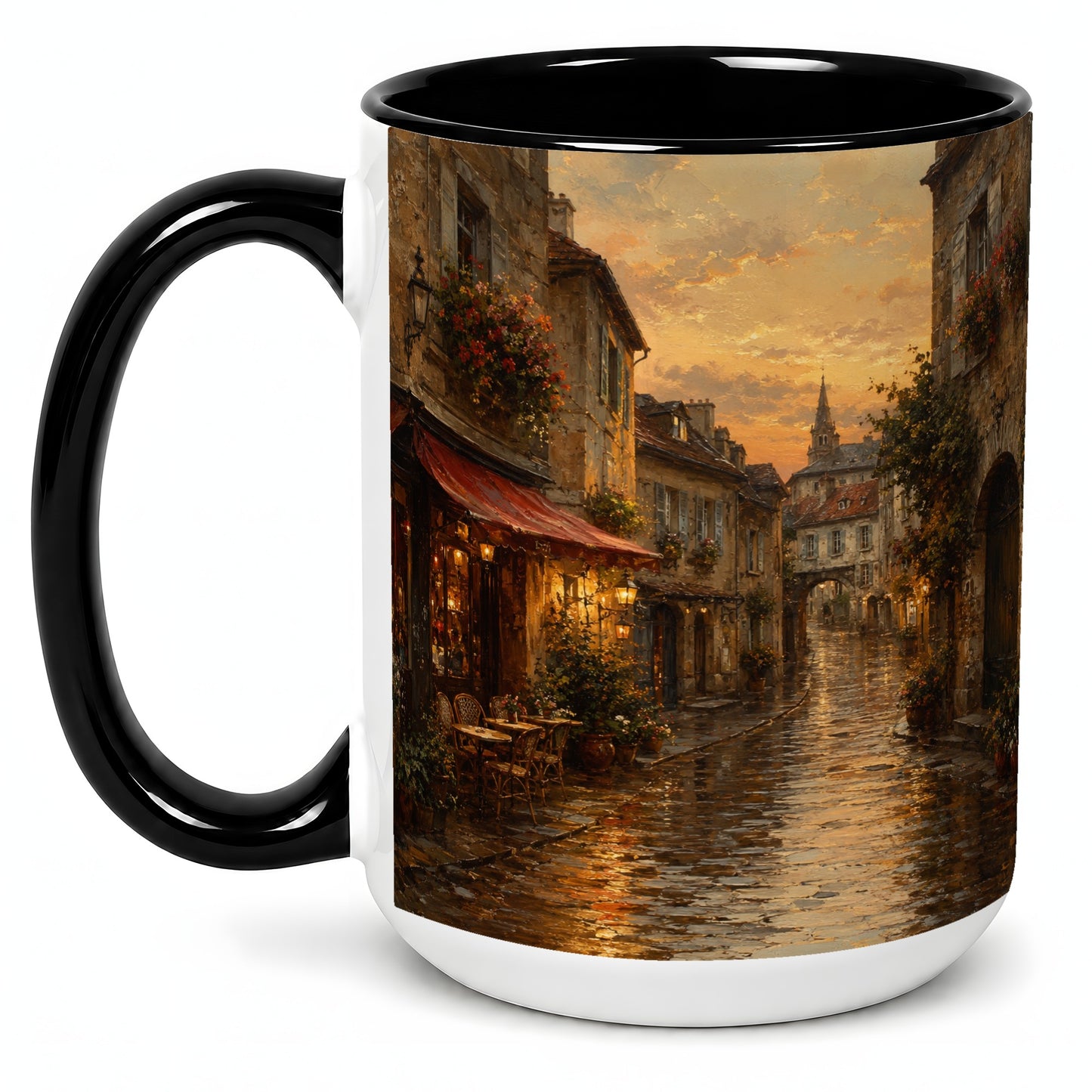 #pl[15oz|Black] Rainy Old Town Ceramic Mug, Cozy European Cafe Street Scene