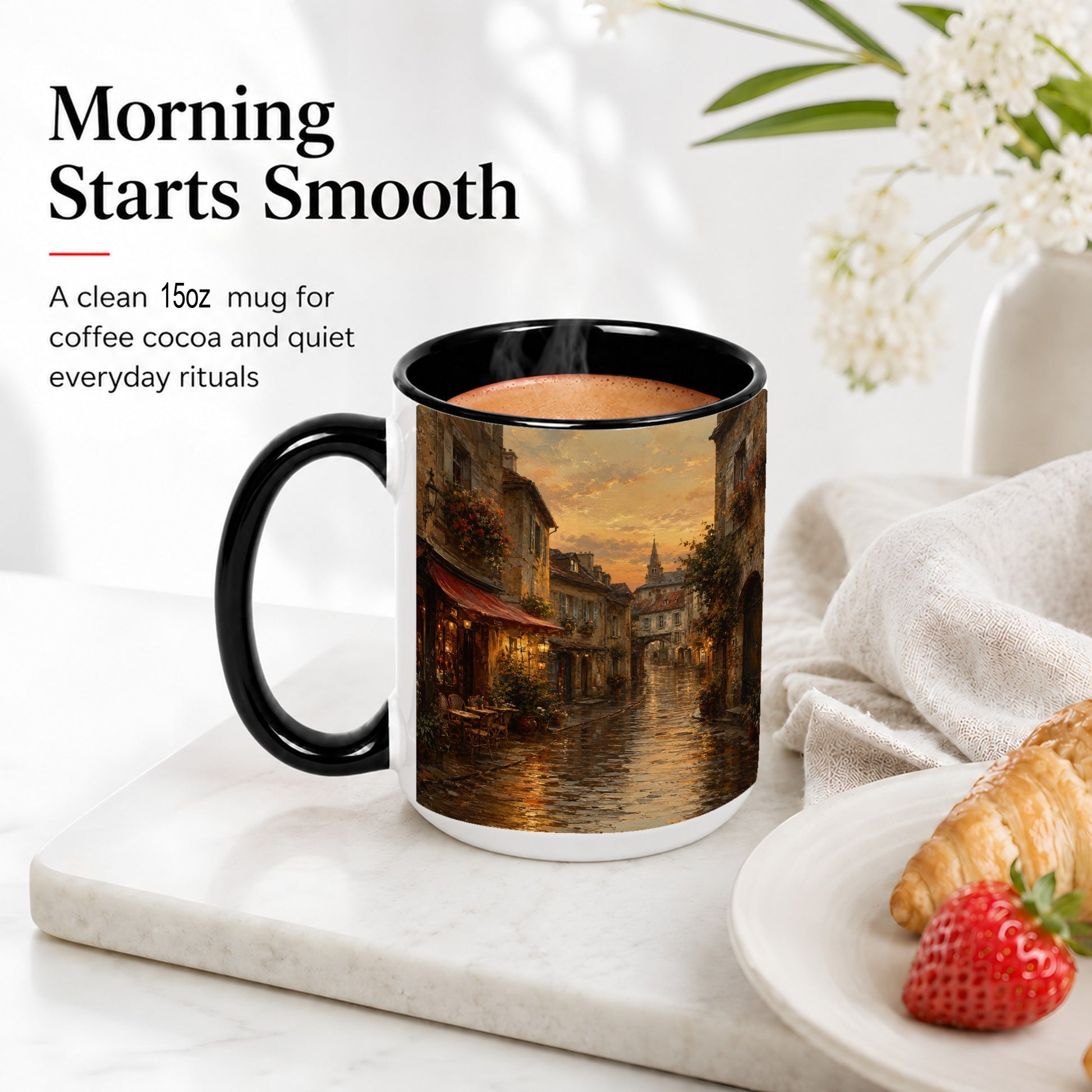 #pl[15oz|Black] Rainy Old Town Ceramic Mug, Cozy European Cafe Street Scene