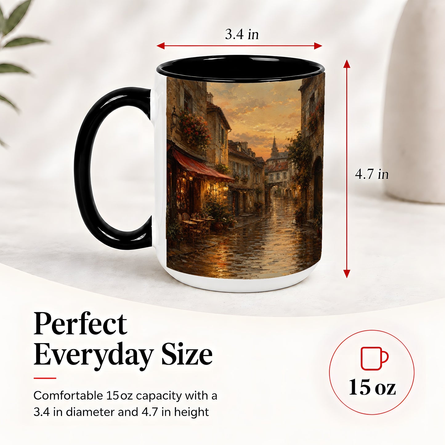 #pl[15oz|Black] Rainy Old Town Ceramic Mug, Cozy European Cafe Street Scene