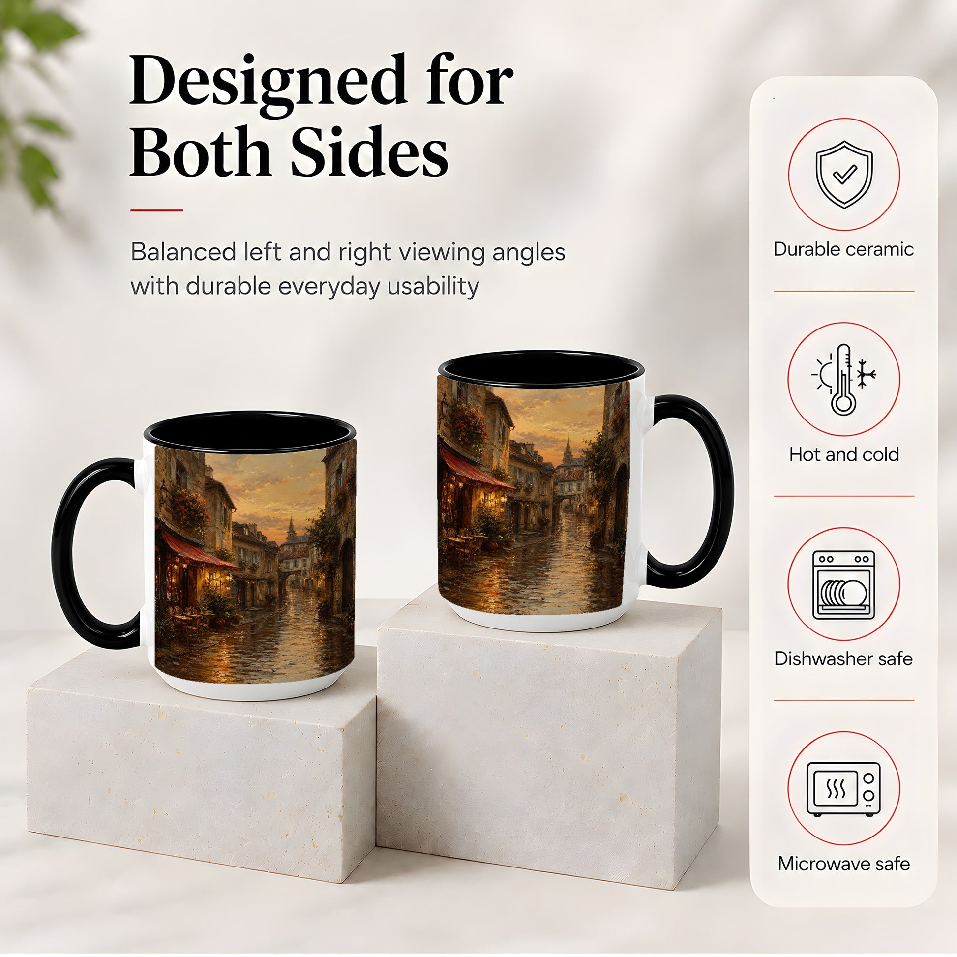 #pl[15oz|Black] Rainy Old Town Ceramic Mug, Cozy European Cafe Street Scene