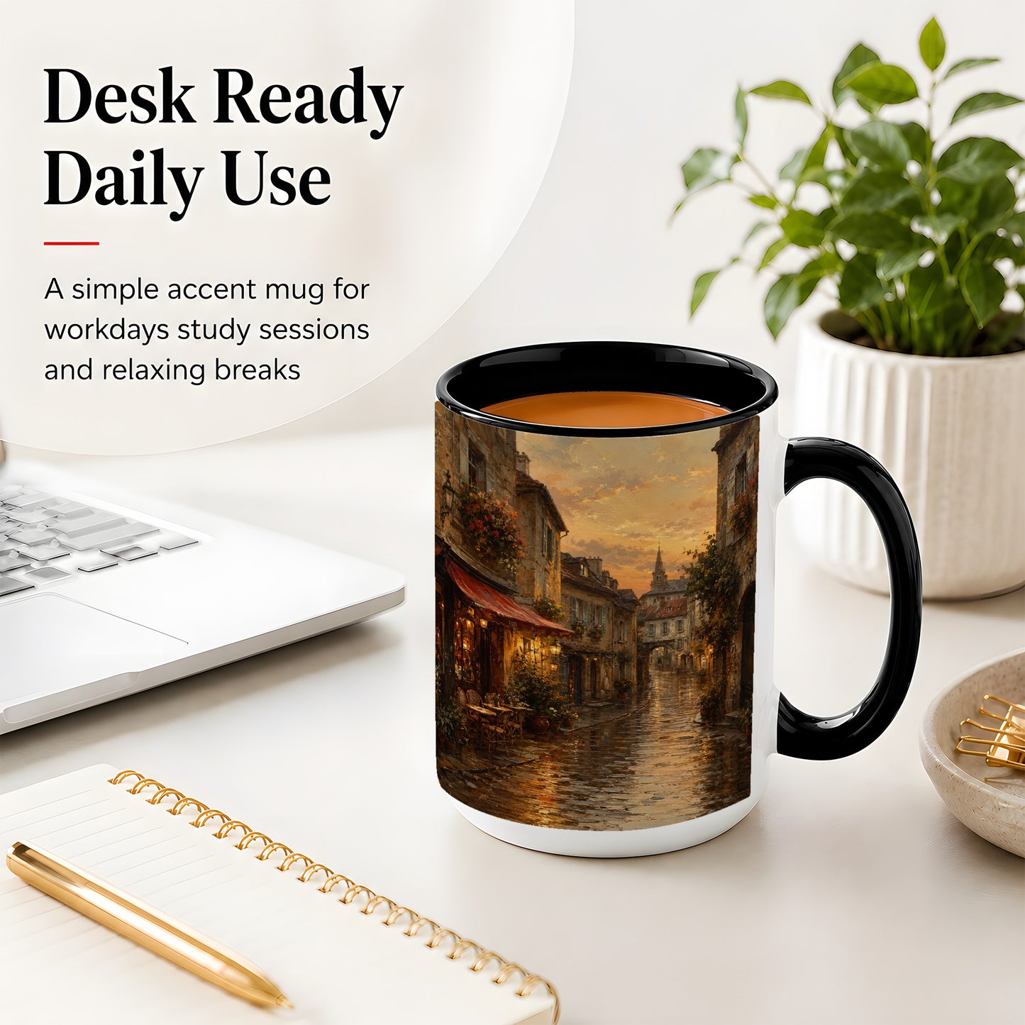 #pl[15oz|Black] Rainy Old Town Ceramic Mug, Cozy European Cafe Street Scene