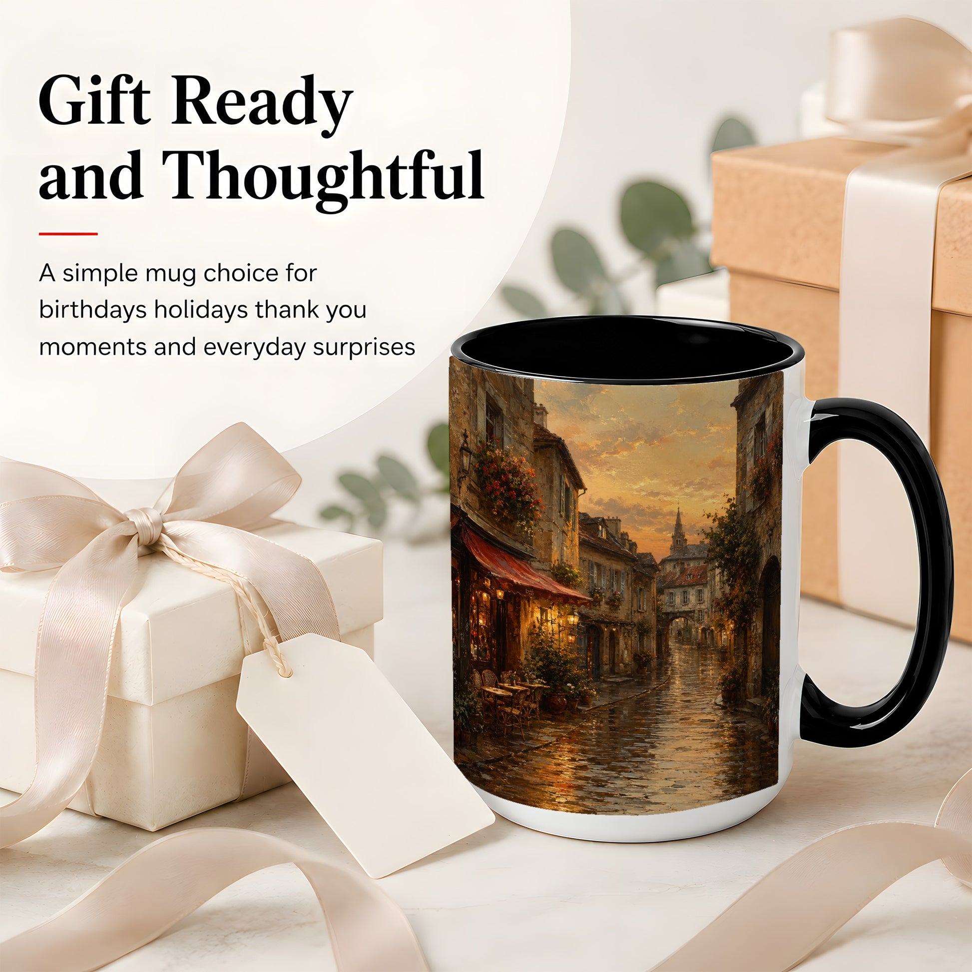 #pl[15oz|Black] Rainy Old Town Ceramic Mug, Cozy European Cafe Street Scene