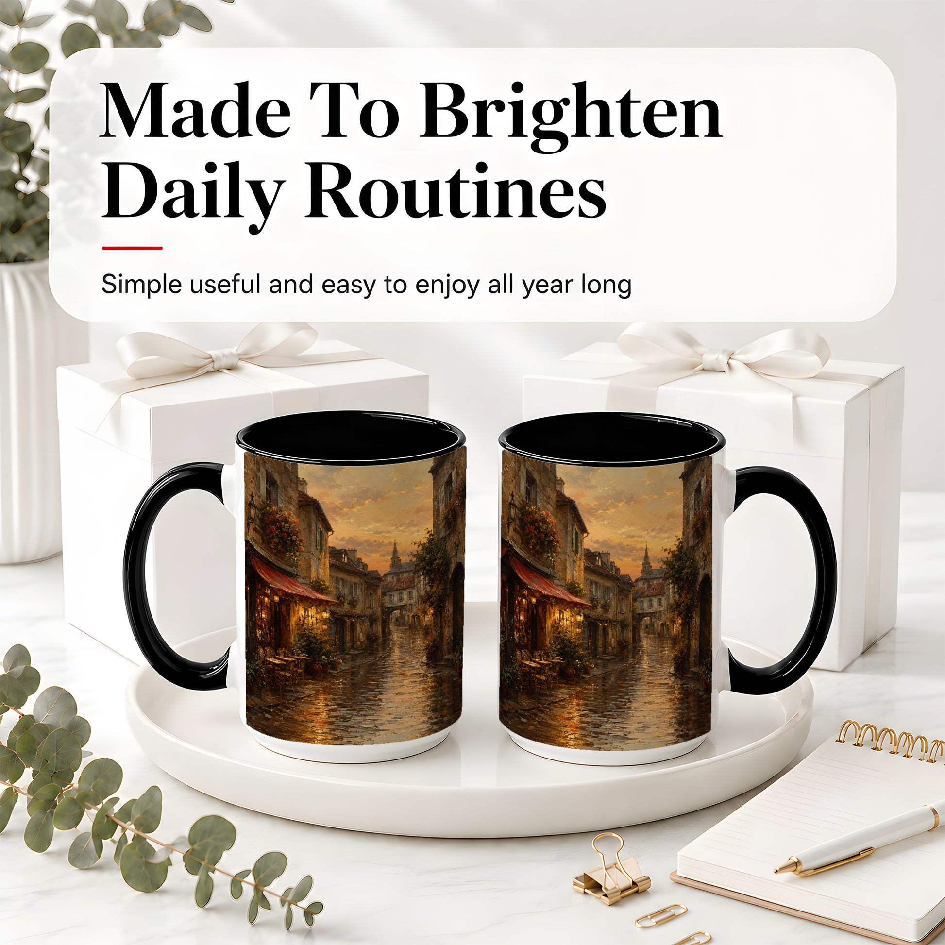 #pl[15oz|Black] Rainy Old Town Ceramic Mug, Cozy European Cafe Street Scene
