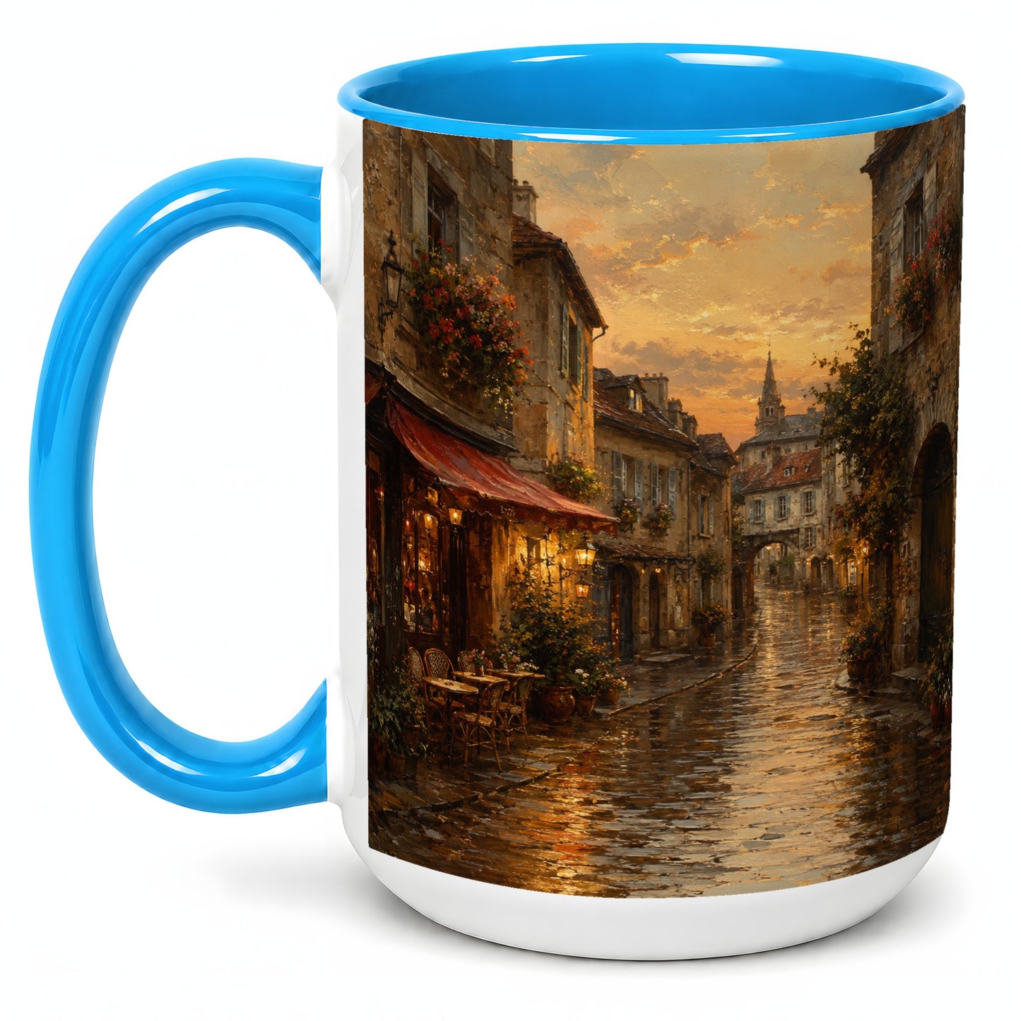 #pl[15oz|Blue] Rainy Old Town Ceramic Mug, Cozy European Cafe Street Scene