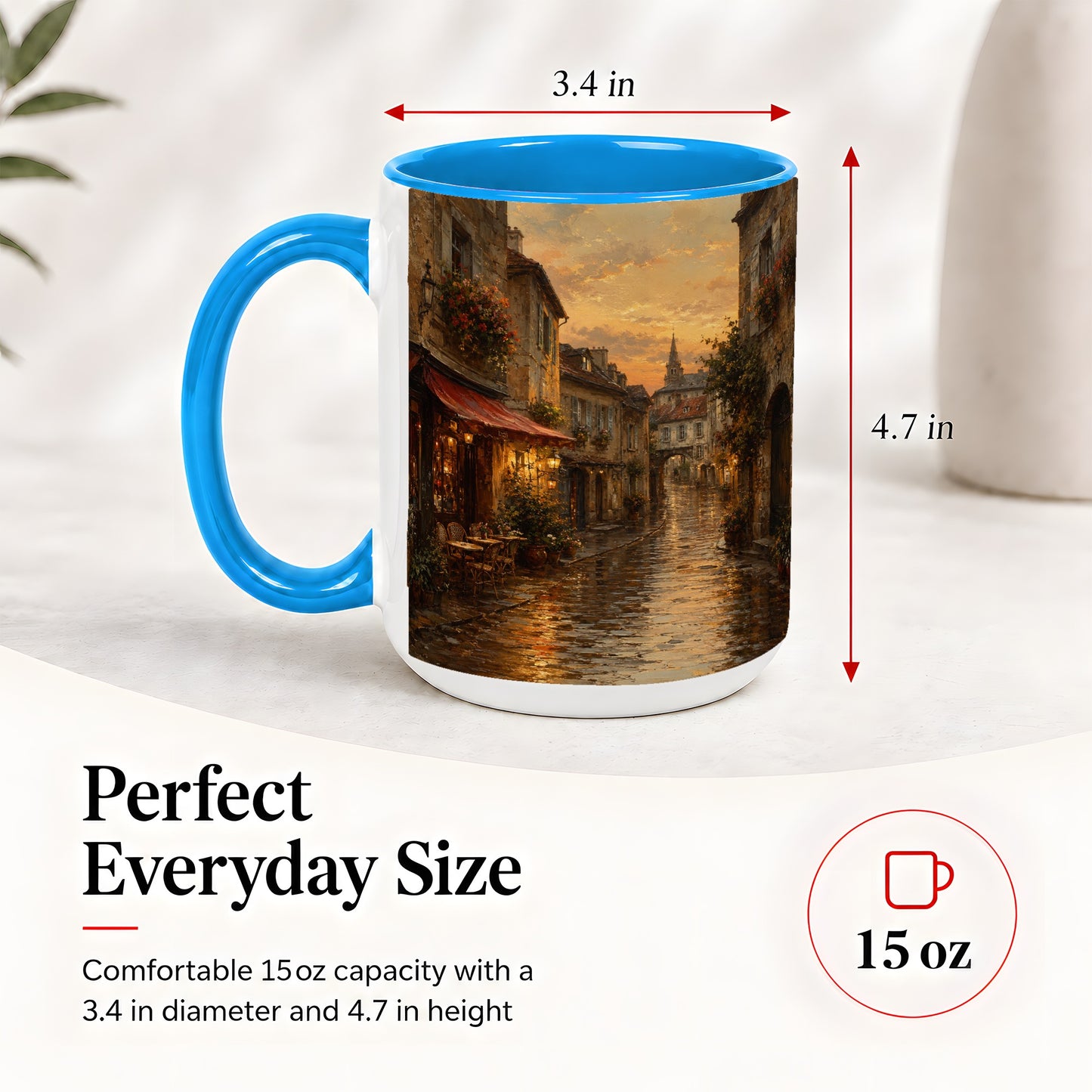 #pl[15oz|Blue] Rainy Old Town Ceramic Mug, Cozy European Cafe Street Scene