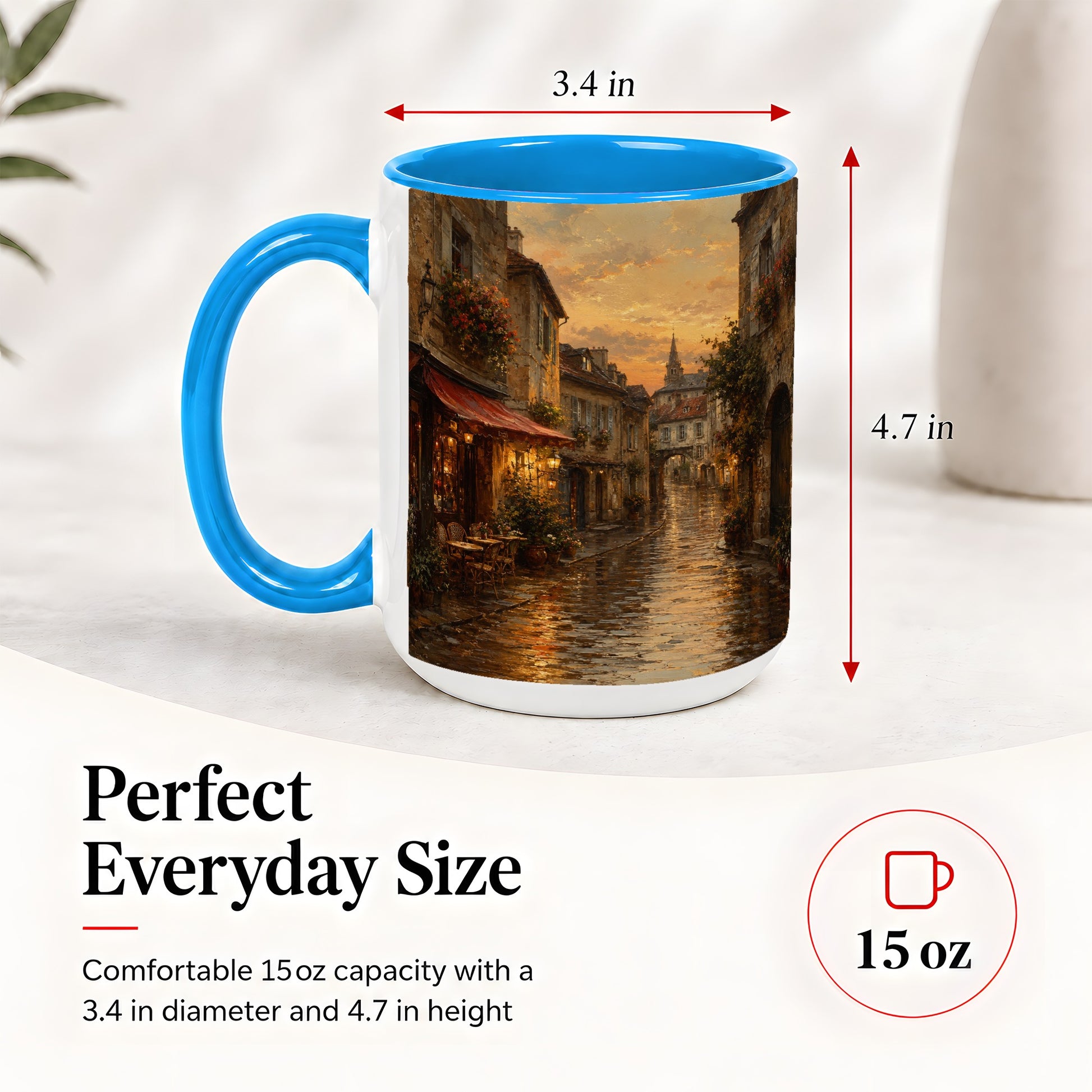 #pl[15oz|Blue] Rainy Old Town Ceramic Mug, Cozy European Cafe Street Scene