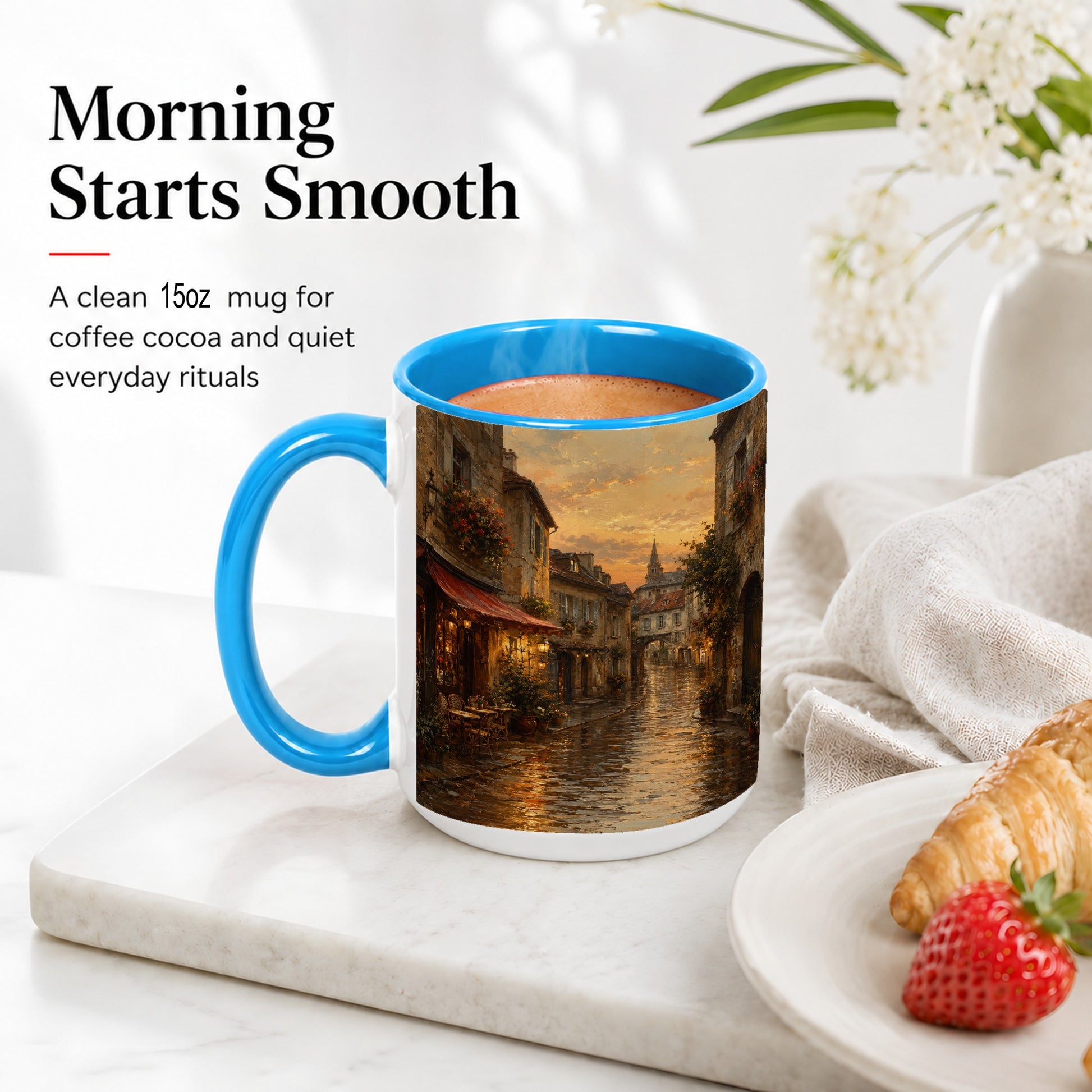 #pl[15oz|Blue] Rainy Old Town Ceramic Mug, Cozy European Cafe Street Scene
