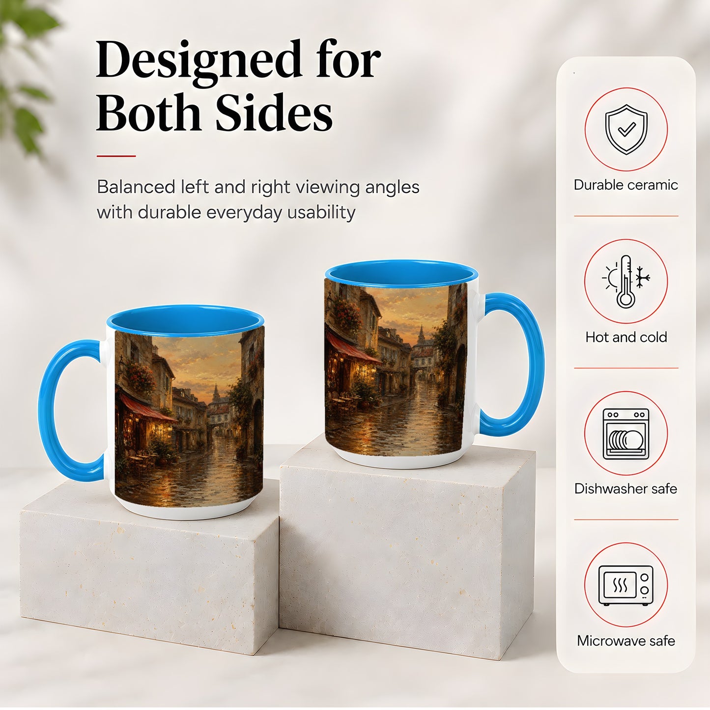 #pl[15oz|Blue] Rainy Old Town Ceramic Mug, Cozy European Cafe Street Scene