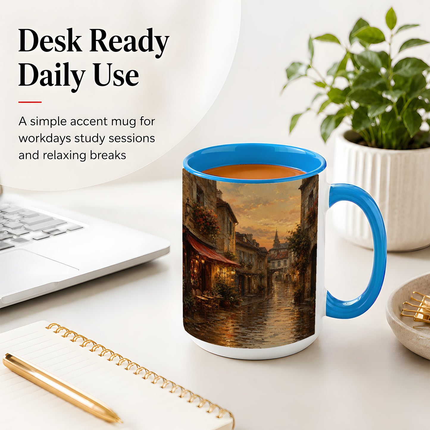 #pl[15oz|Blue] Rainy Old Town Ceramic Mug, Cozy European Cafe Street Scene