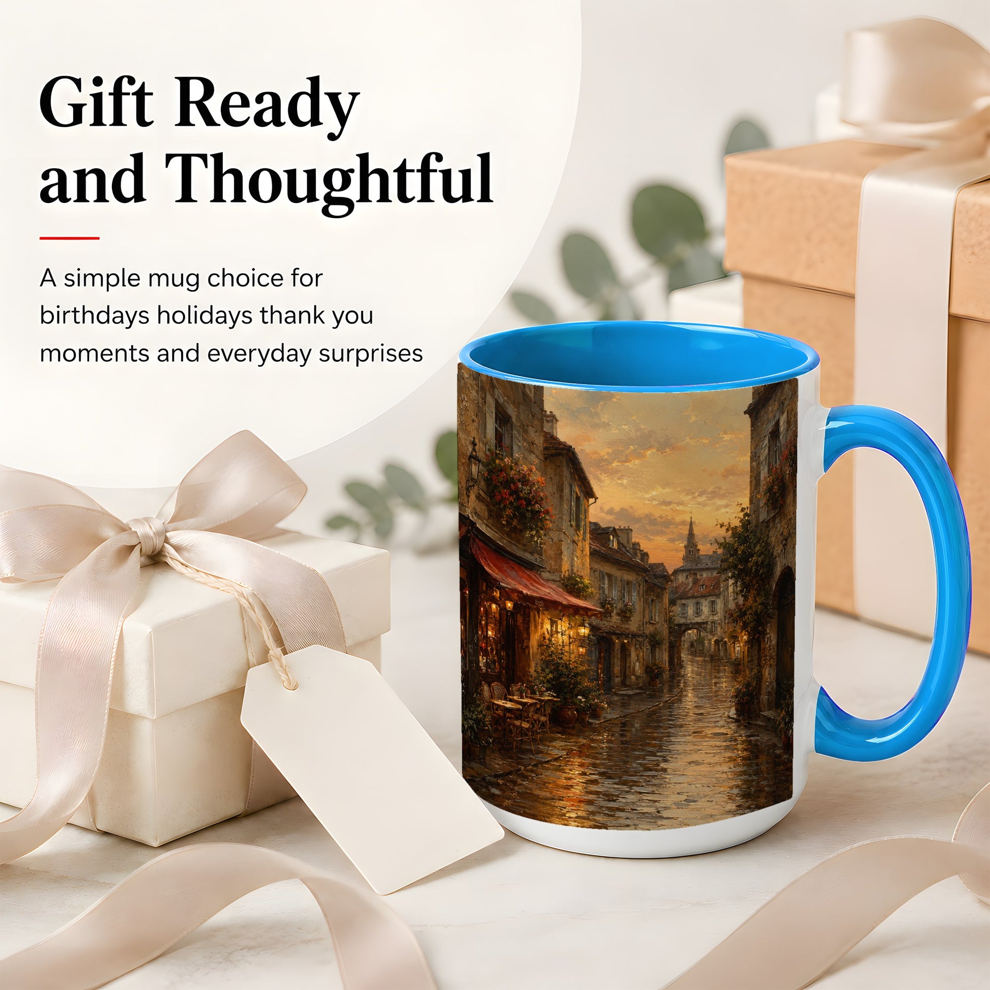 #pl[15oz|Blue] Rainy Old Town Ceramic Mug, Cozy European Cafe Street Scene