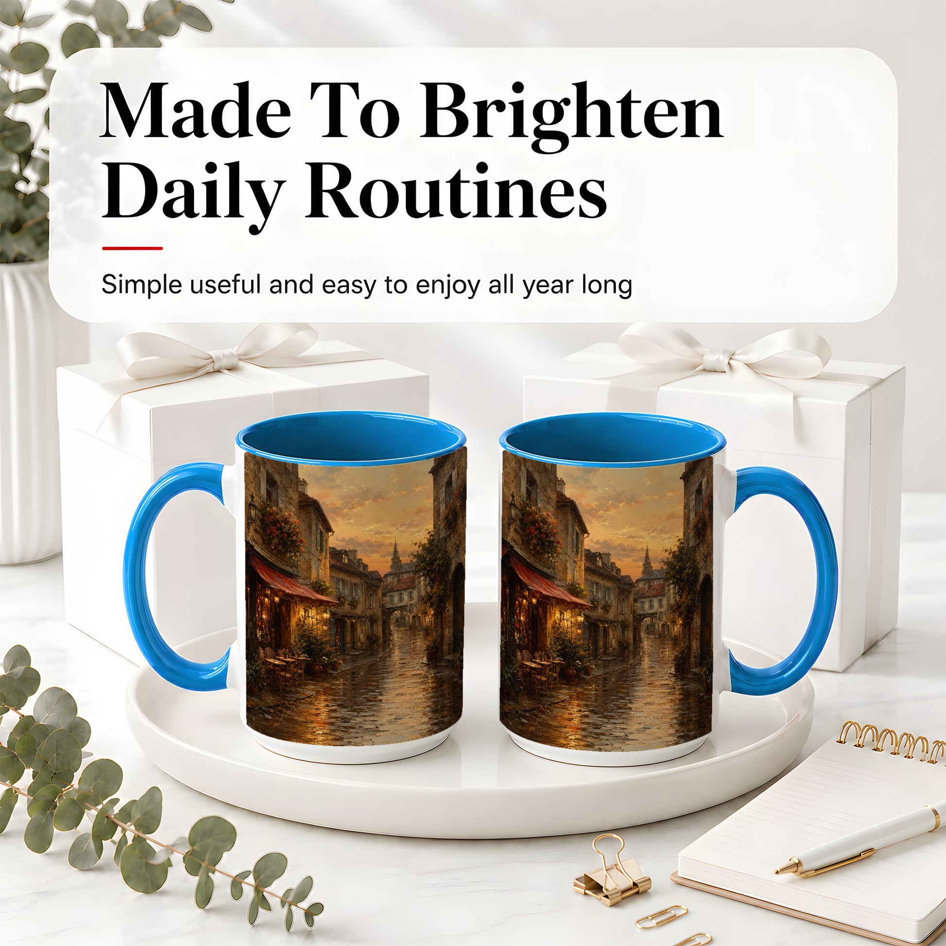 #pl[15oz|Blue] Rainy Old Town Ceramic Mug, Cozy European Cafe Street Scene