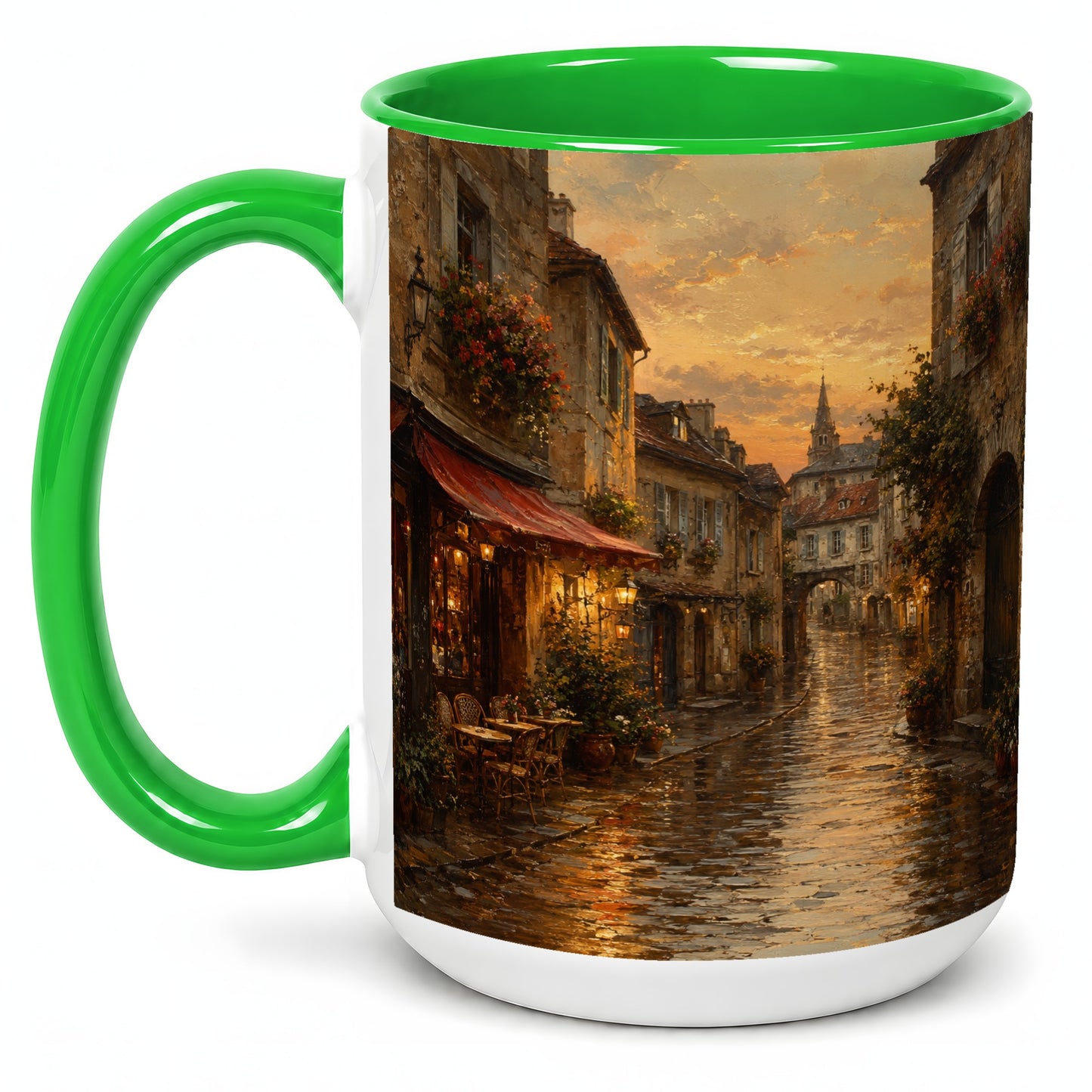 #pl[15oz|Green] Rainy Old Town Ceramic Mug, Cozy European Cafe Street Scene