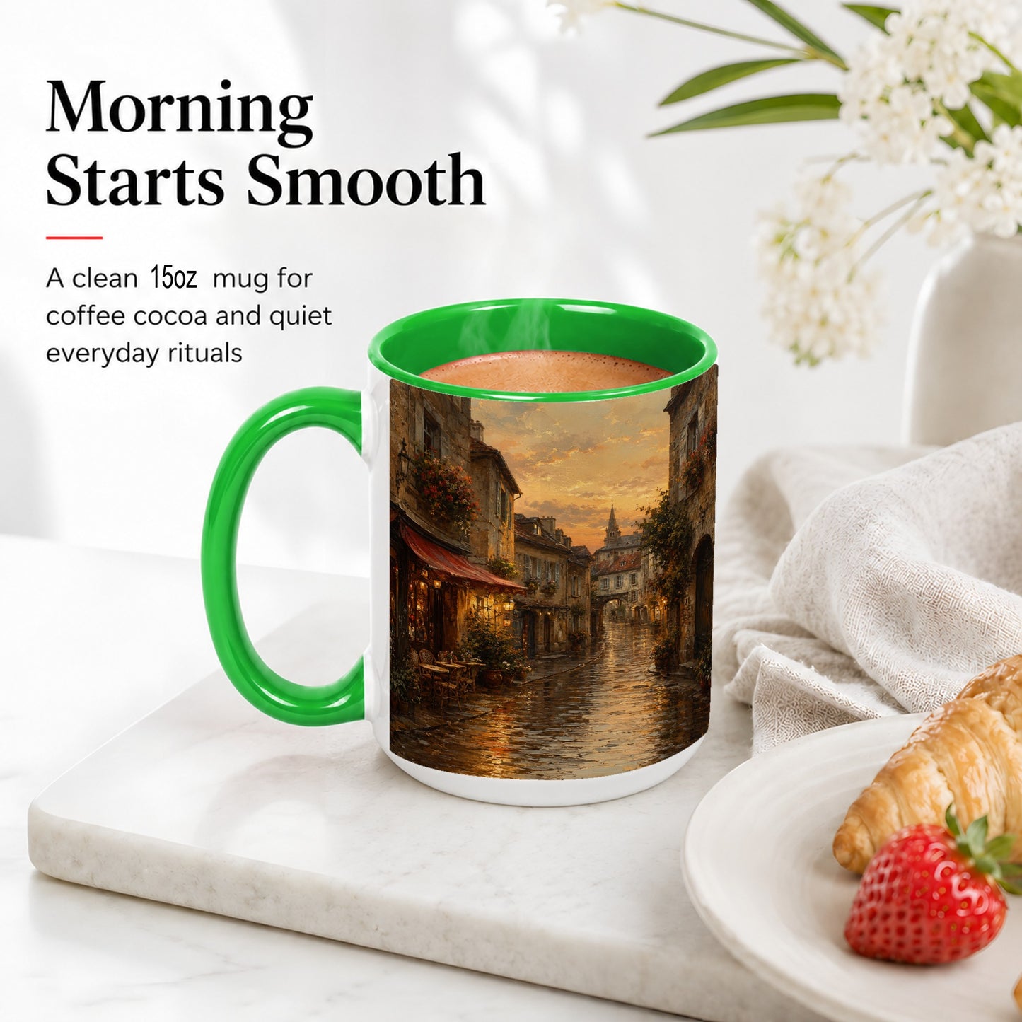 #pl[15oz|Green] Rainy Old Town Ceramic Mug, Cozy European Cafe Street Scene