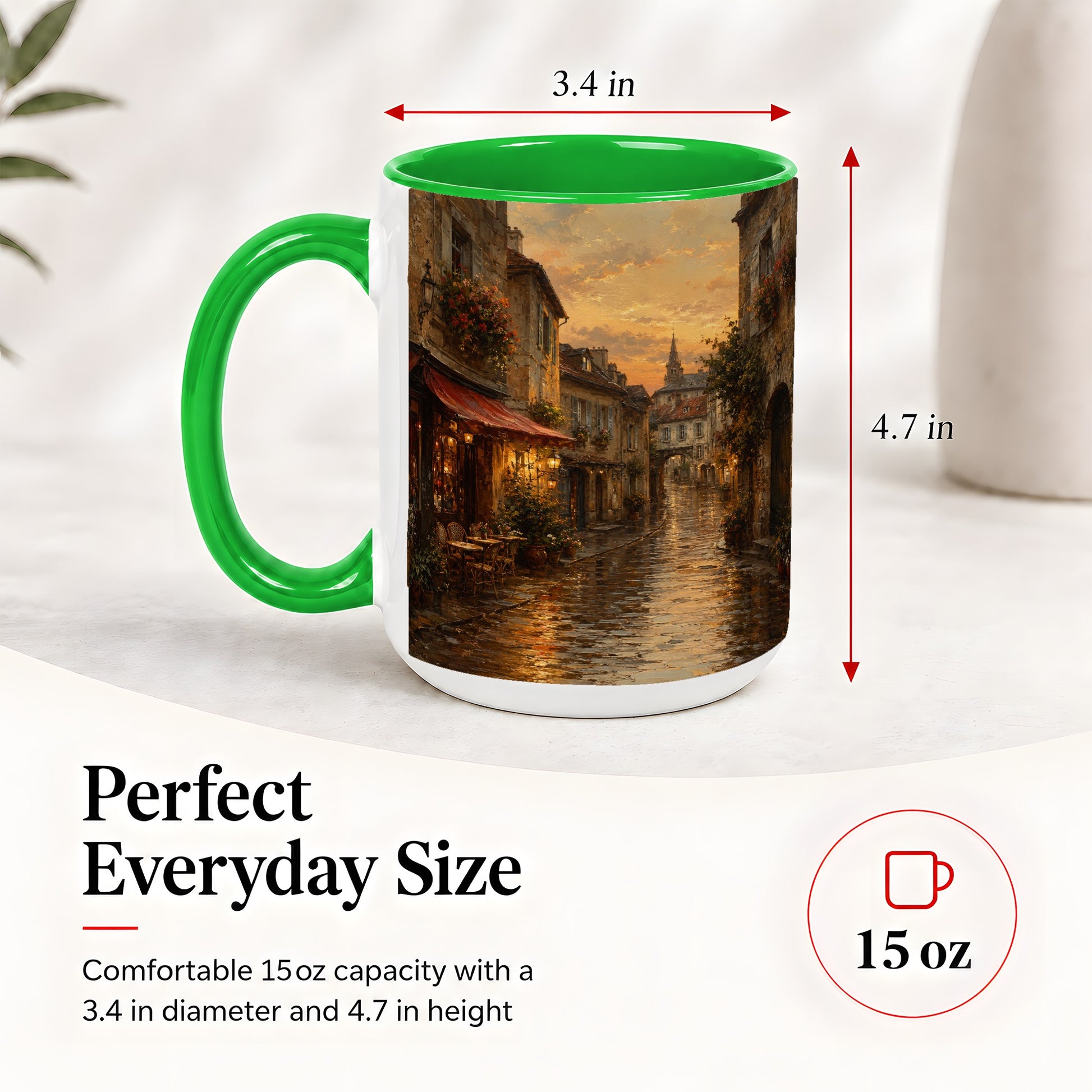 #pl[15oz|Green] Rainy Old Town Ceramic Mug, Cozy European Cafe Street Scene