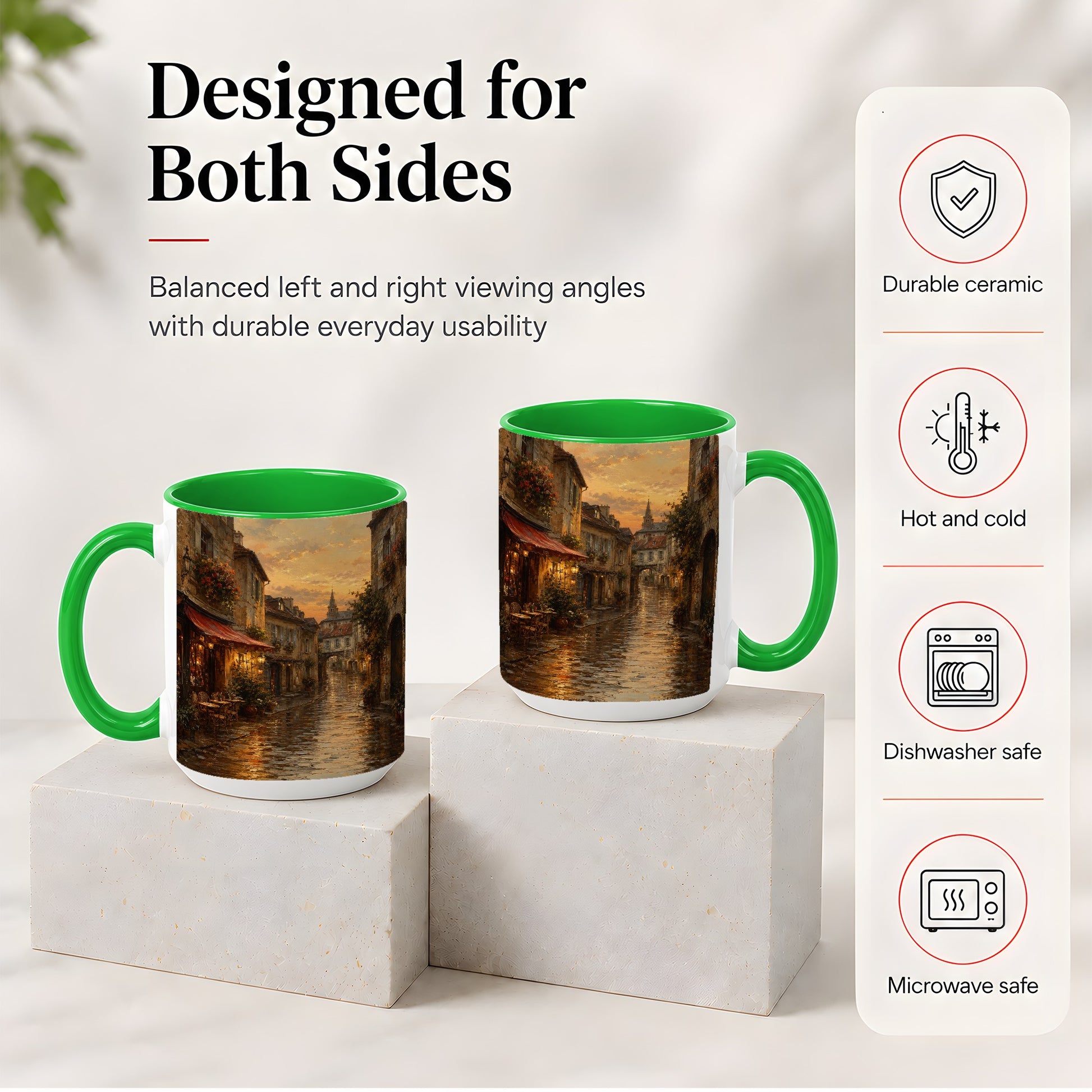 #pl[15oz|Green] Rainy Old Town Ceramic Mug, Cozy European Cafe Street Scene
