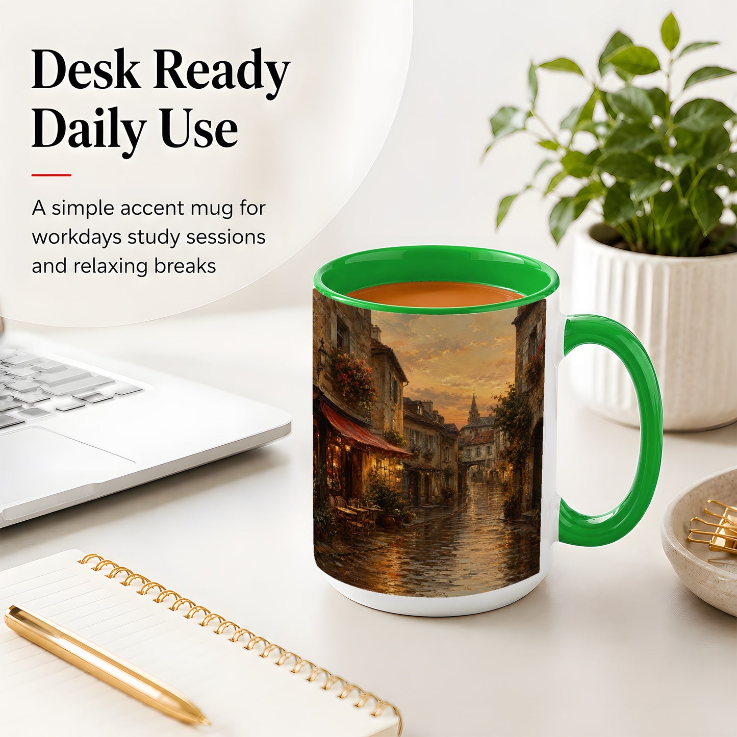 #pl[15oz|Green] Rainy Old Town Ceramic Mug, Cozy European Cafe Street Scene