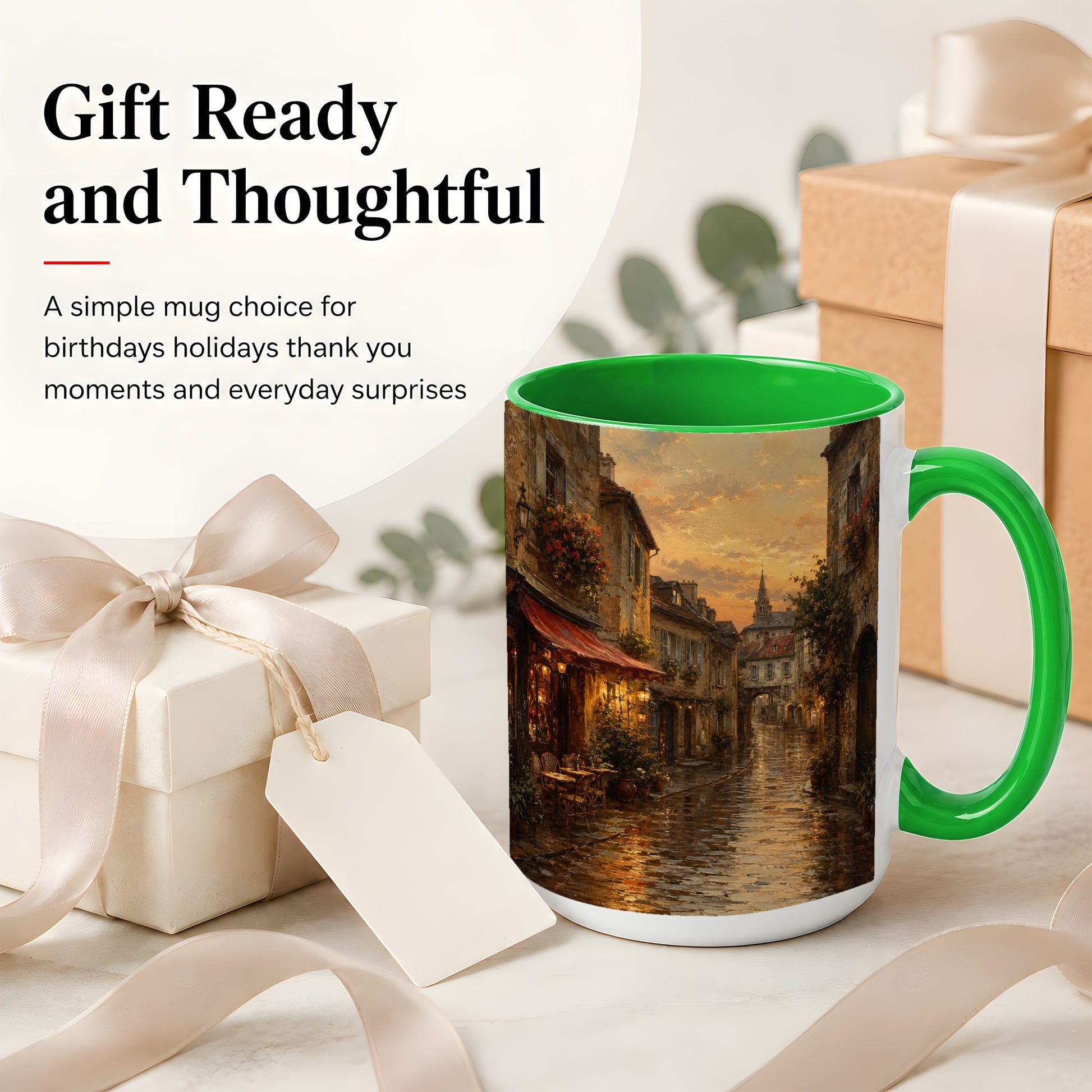 #pl[15oz|Green] Rainy Old Town Ceramic Mug, Cozy European Cafe Street Scene
