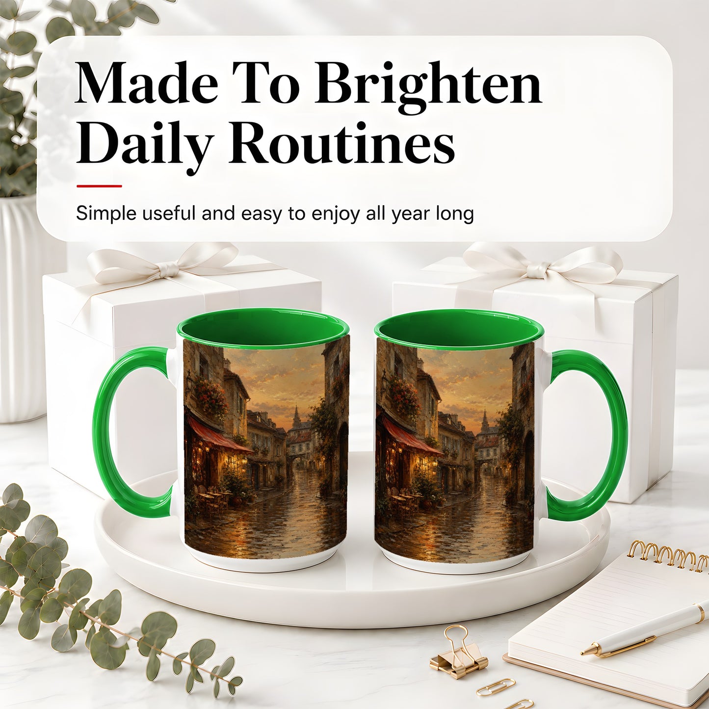 #pl[15oz|Green] Rainy Old Town Ceramic Mug, Cozy European Cafe Street Scene