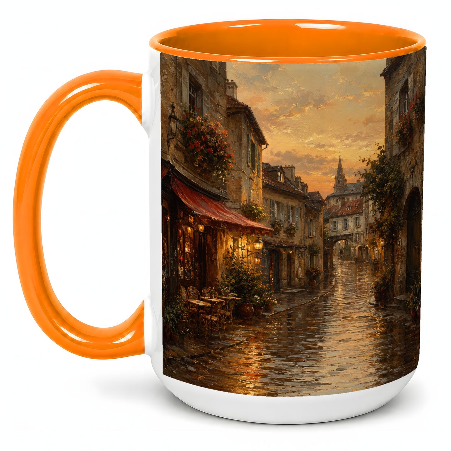 #pl[15oz|Orange] Rainy Old Town Ceramic Mug, Cozy European Cafe Street Scene