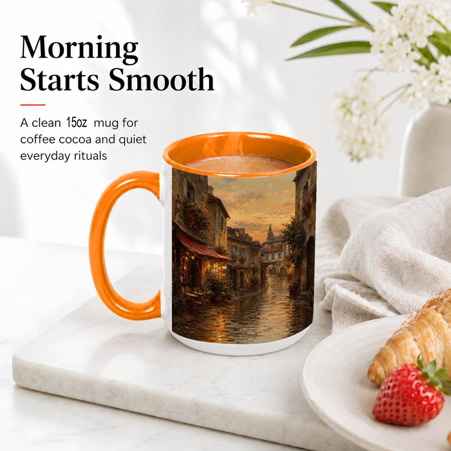 #pl[15oz|Orange] Rainy Old Town Ceramic Mug, Cozy European Cafe Street Scene