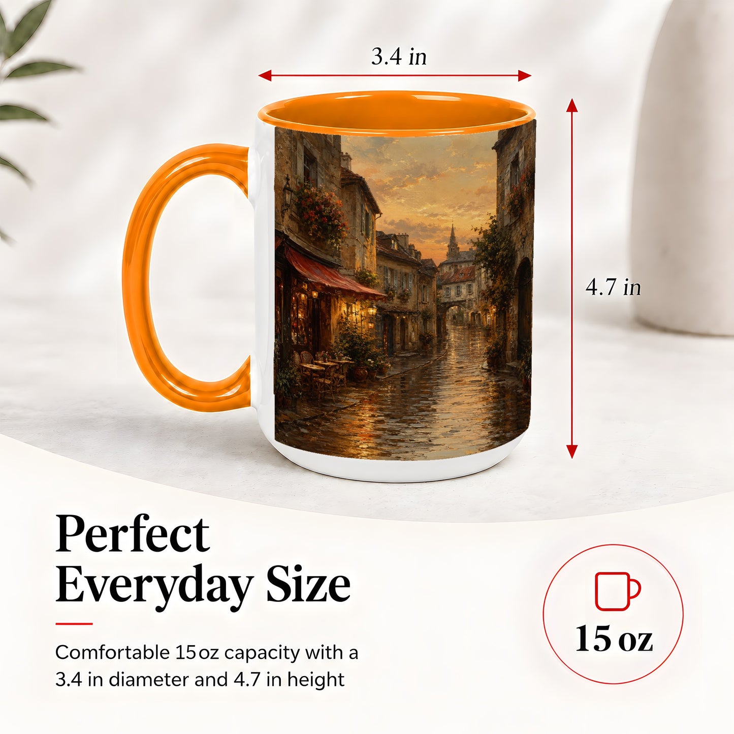 #pl[15oz|Orange] Rainy Old Town Ceramic Mug, Cozy European Cafe Street Scene