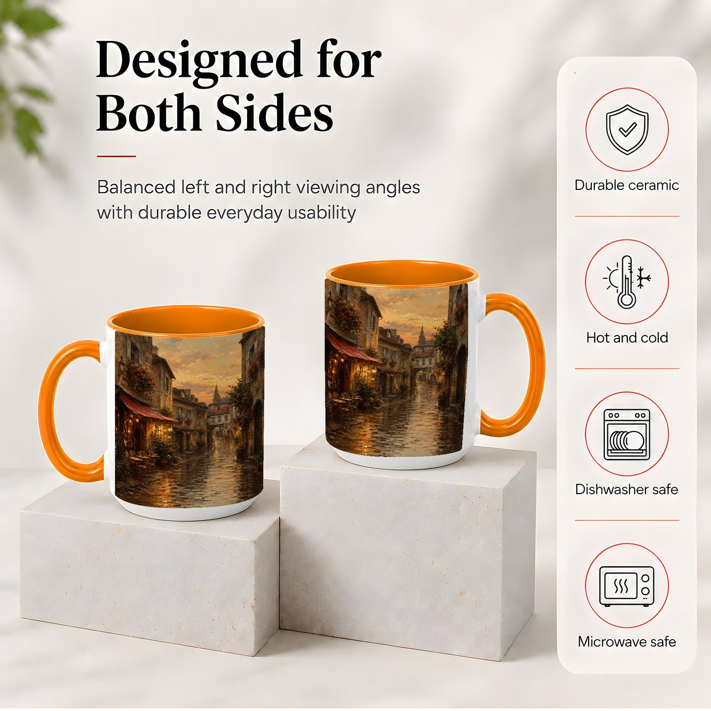 #pl[15oz|Orange] Rainy Old Town Ceramic Mug, Cozy European Cafe Street Scene