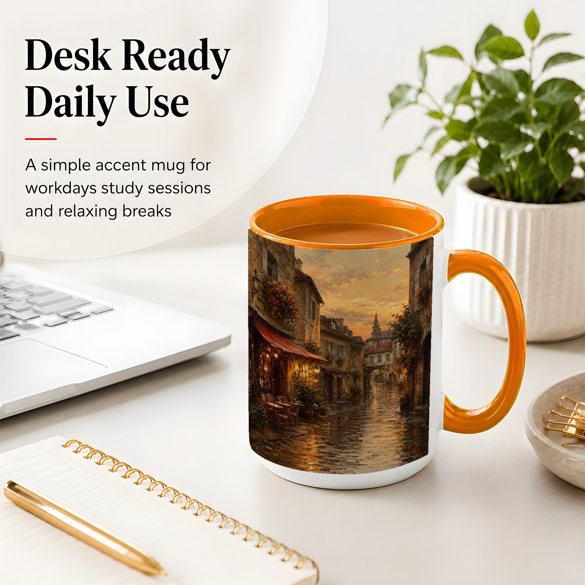 #pl[15oz|Orange] Rainy Old Town Ceramic Mug, Cozy European Cafe Street Scene