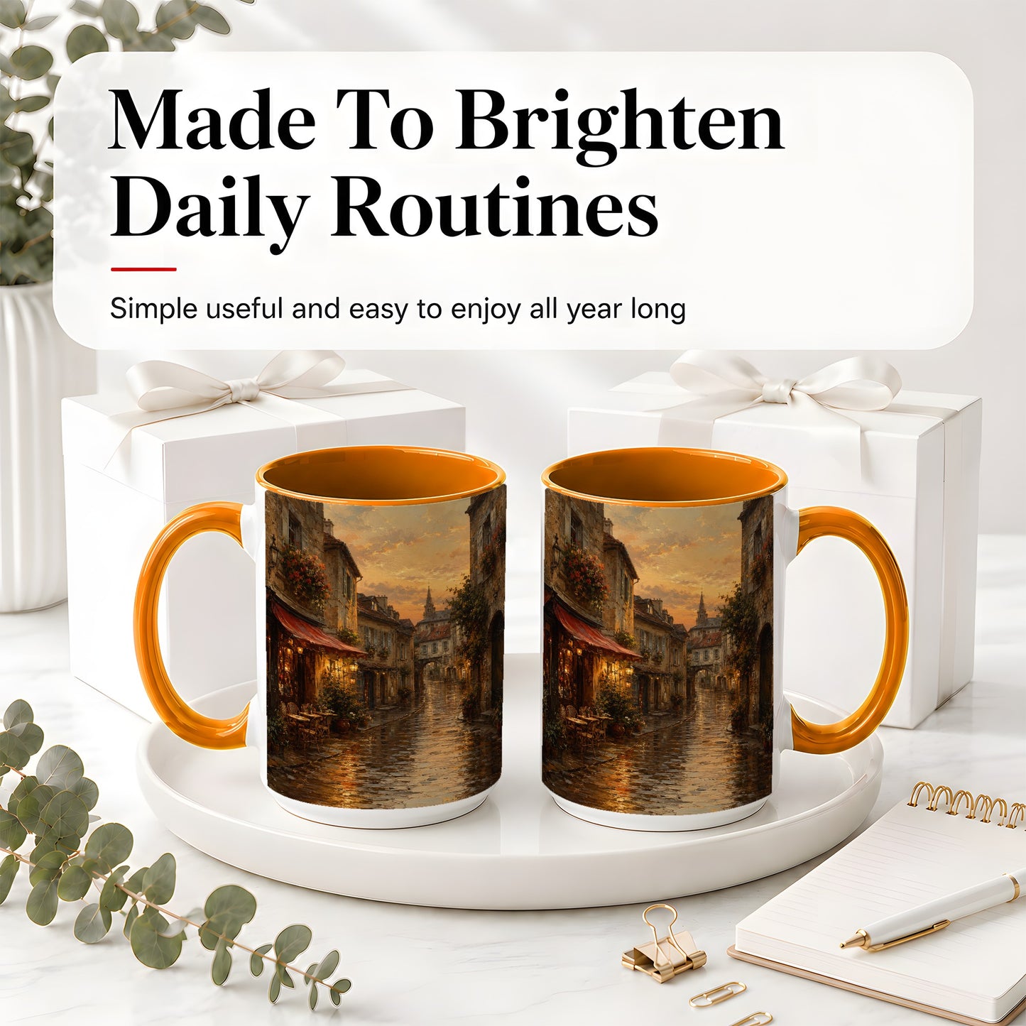 #pl[15oz|Orange] Rainy Old Town Ceramic Mug, Cozy European Cafe Street Scene