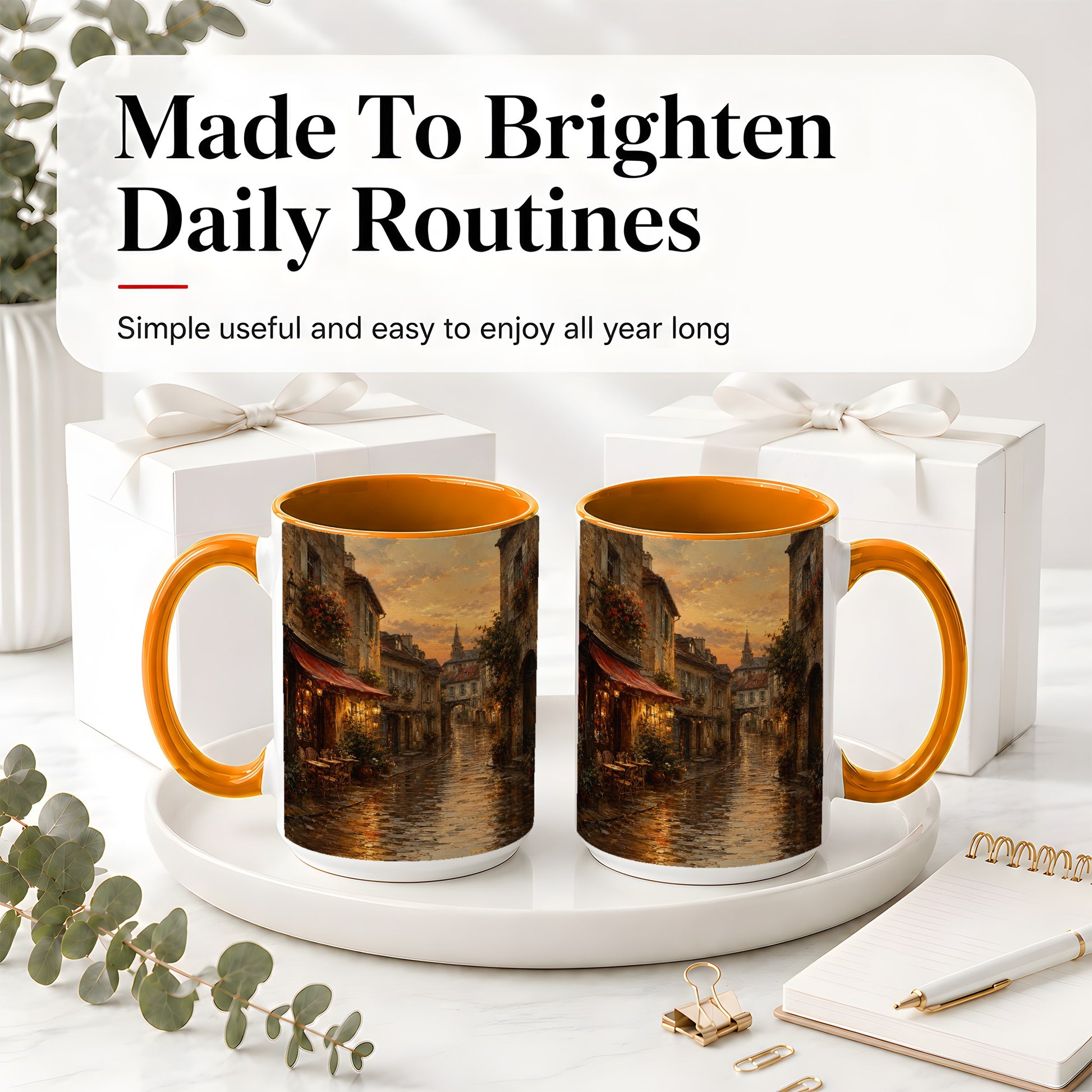 #pl[15oz|Orange] Rainy Old Town Ceramic Mug, Cozy European Cafe Street Scene