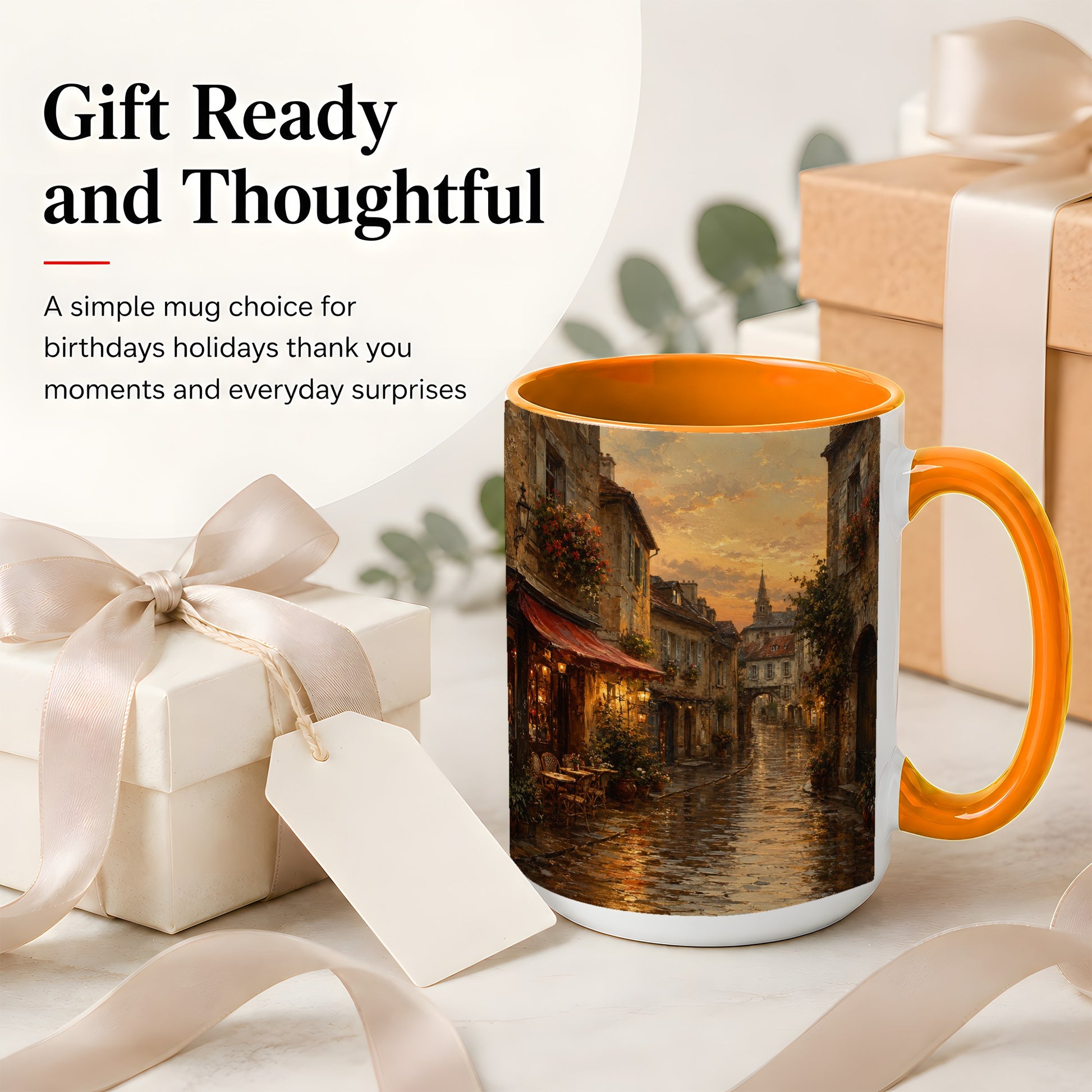 #pl[15oz|Orange] Rainy Old Town Ceramic Mug, Cozy European Cafe Street Scene