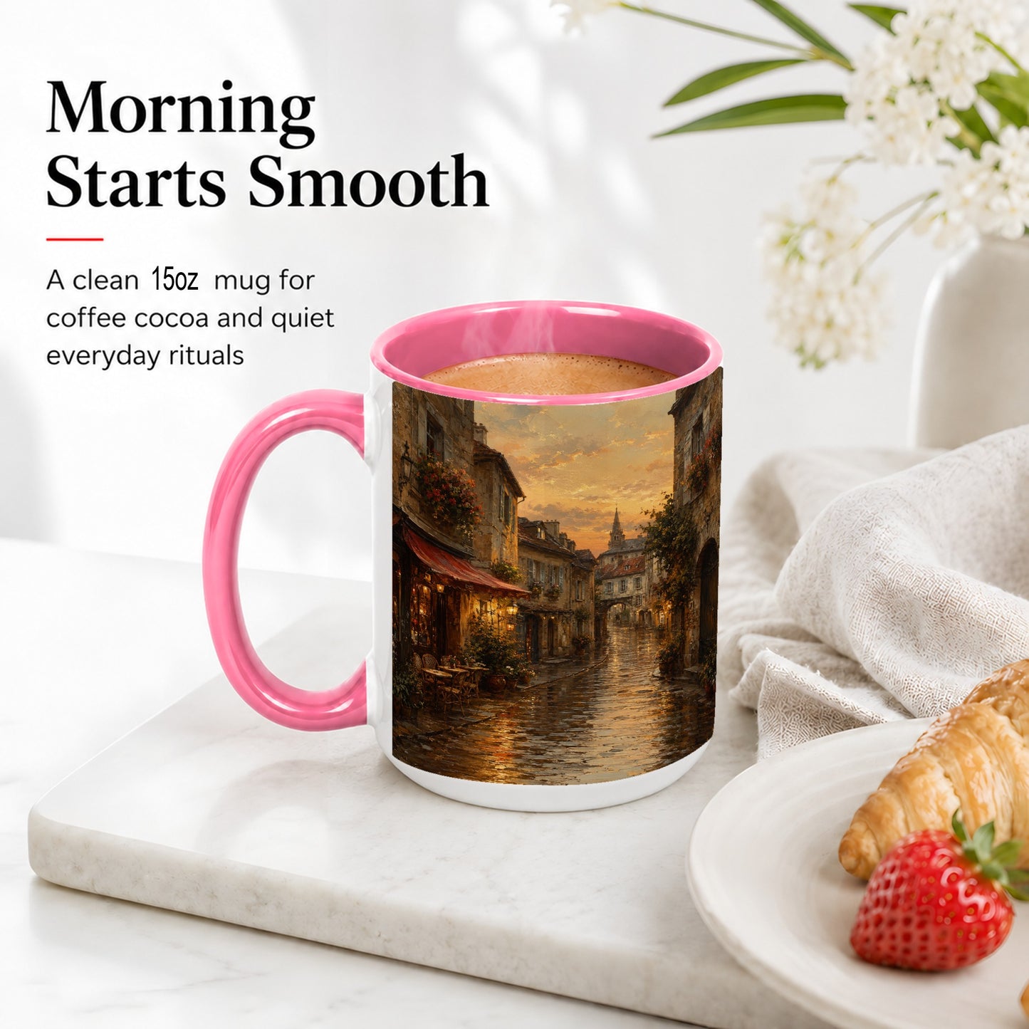 #pl[15oz|Pink] Rainy Old Town Ceramic Mug, Cozy European Cafe Street Scene