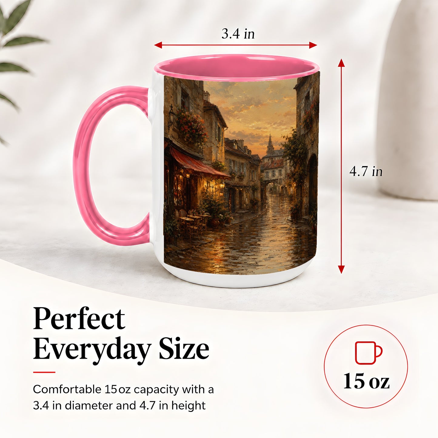 #pl[15oz|Pink] Rainy Old Town Ceramic Mug, Cozy European Cafe Street Scene