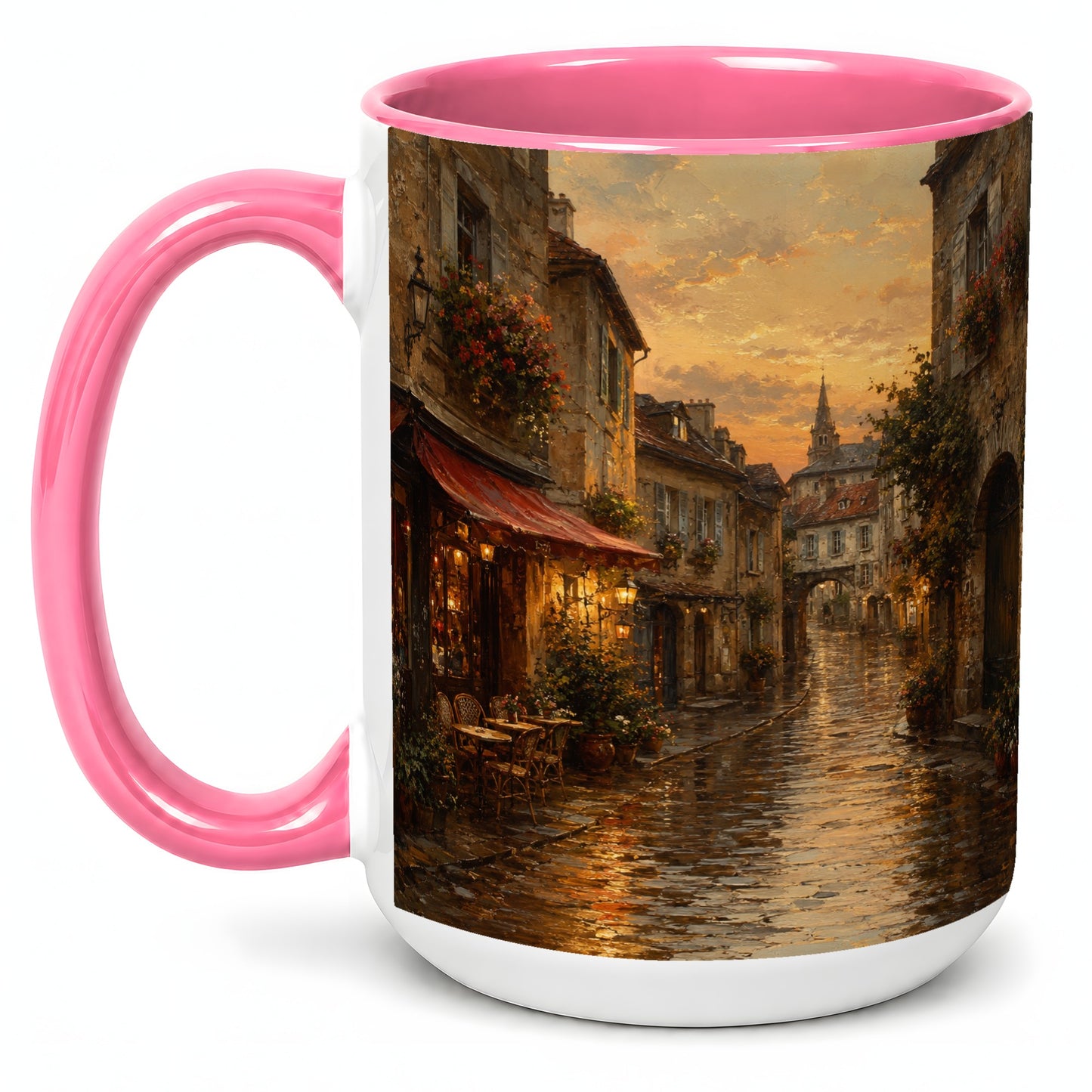 #pl[15oz|Pink] Rainy Old Town Ceramic Mug, Cozy European Cafe Street Scene