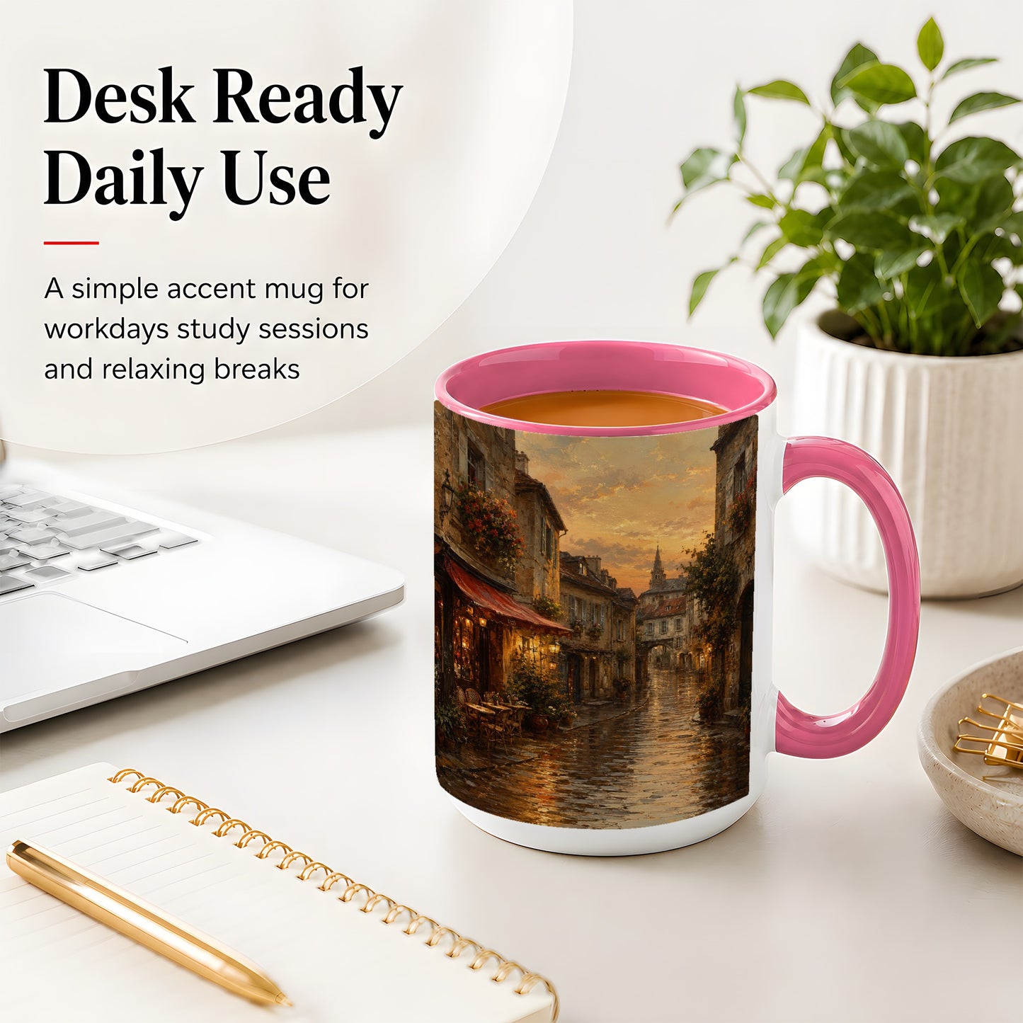 #pl[15oz|Pink] Rainy Old Town Ceramic Mug, Cozy European Cafe Street Scene