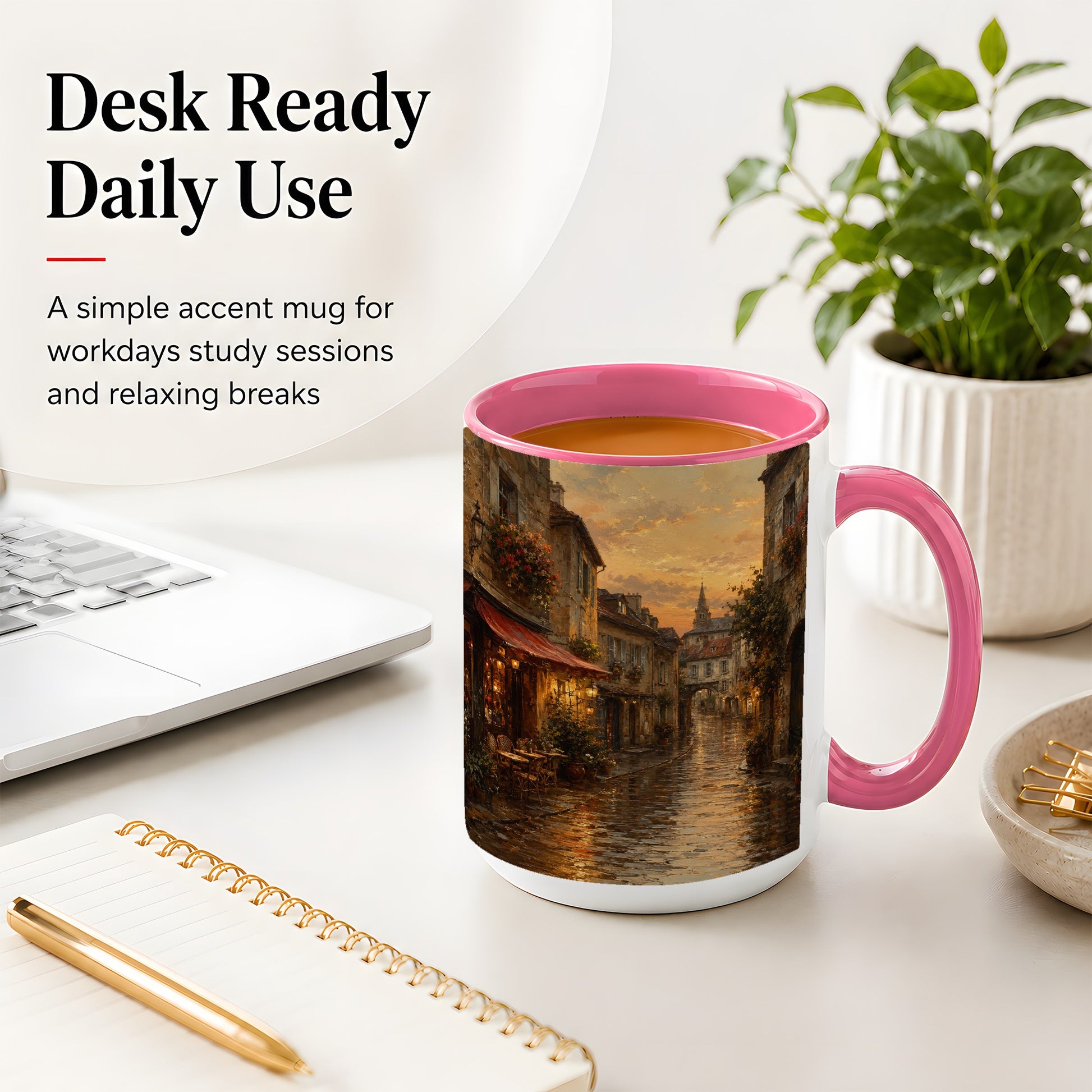 #pl[15oz|Pink] Rainy Old Town Ceramic Mug, Cozy European Cafe Street Scene