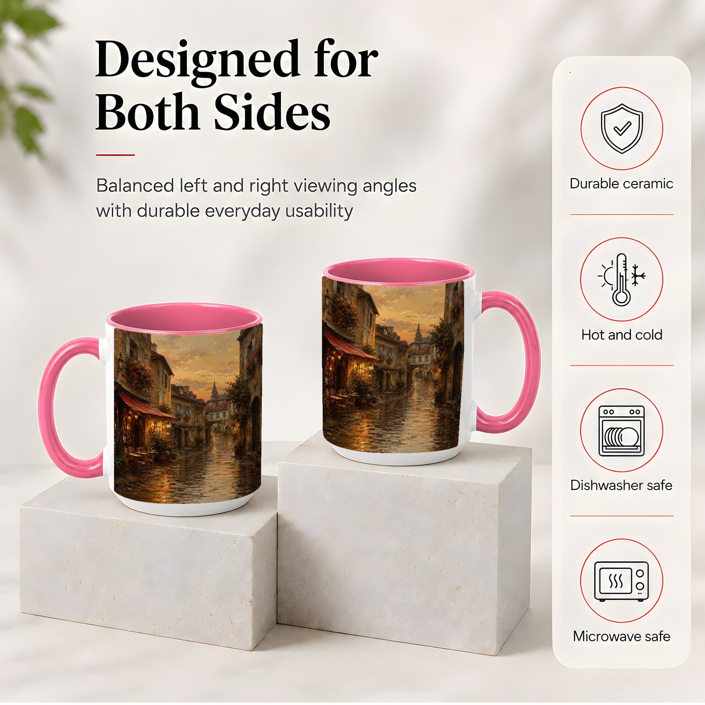 #pl[15oz|Pink] Rainy Old Town Ceramic Mug, Cozy European Cafe Street Scene