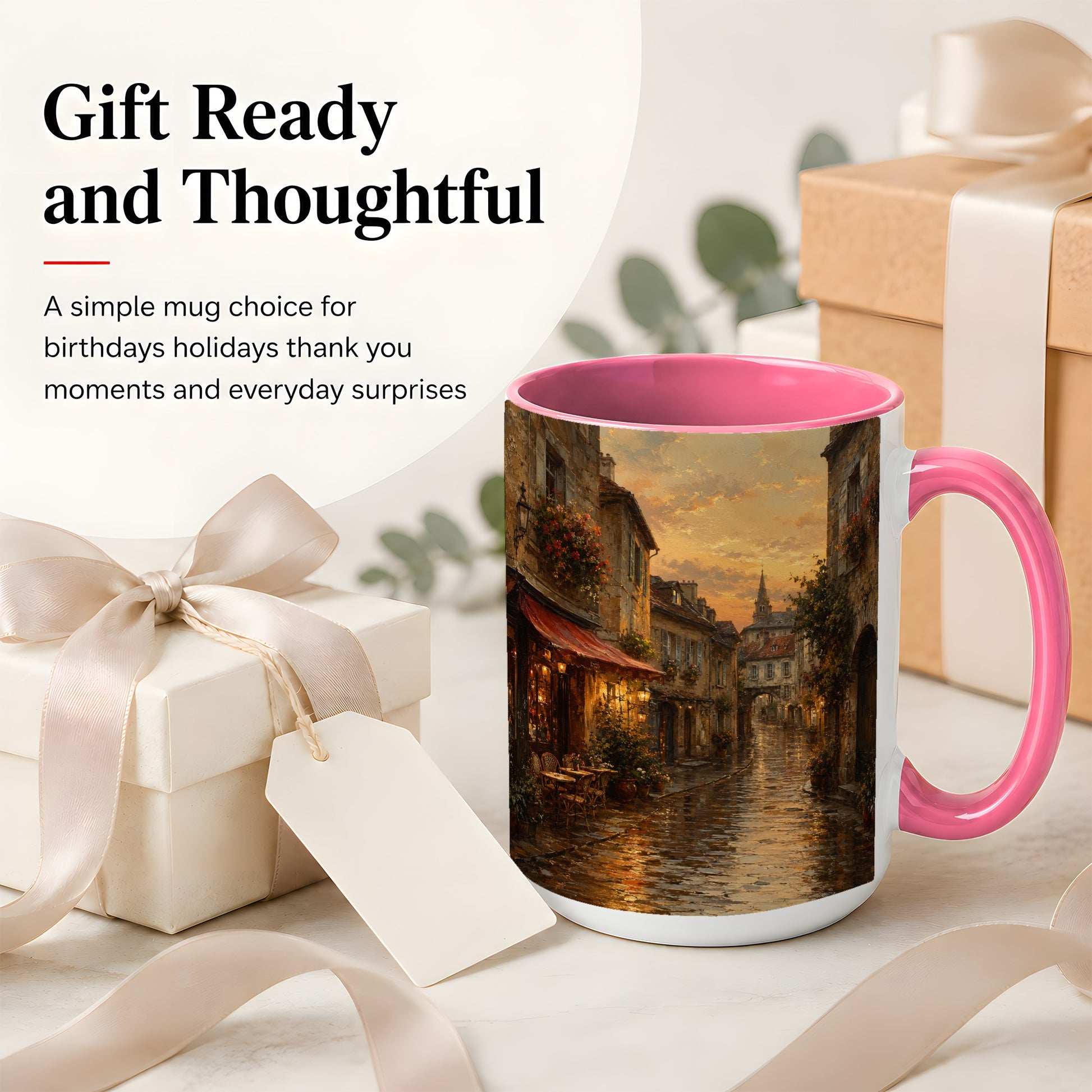 #pl[15oz|Pink] Rainy Old Town Ceramic Mug, Cozy European Cafe Street Scene