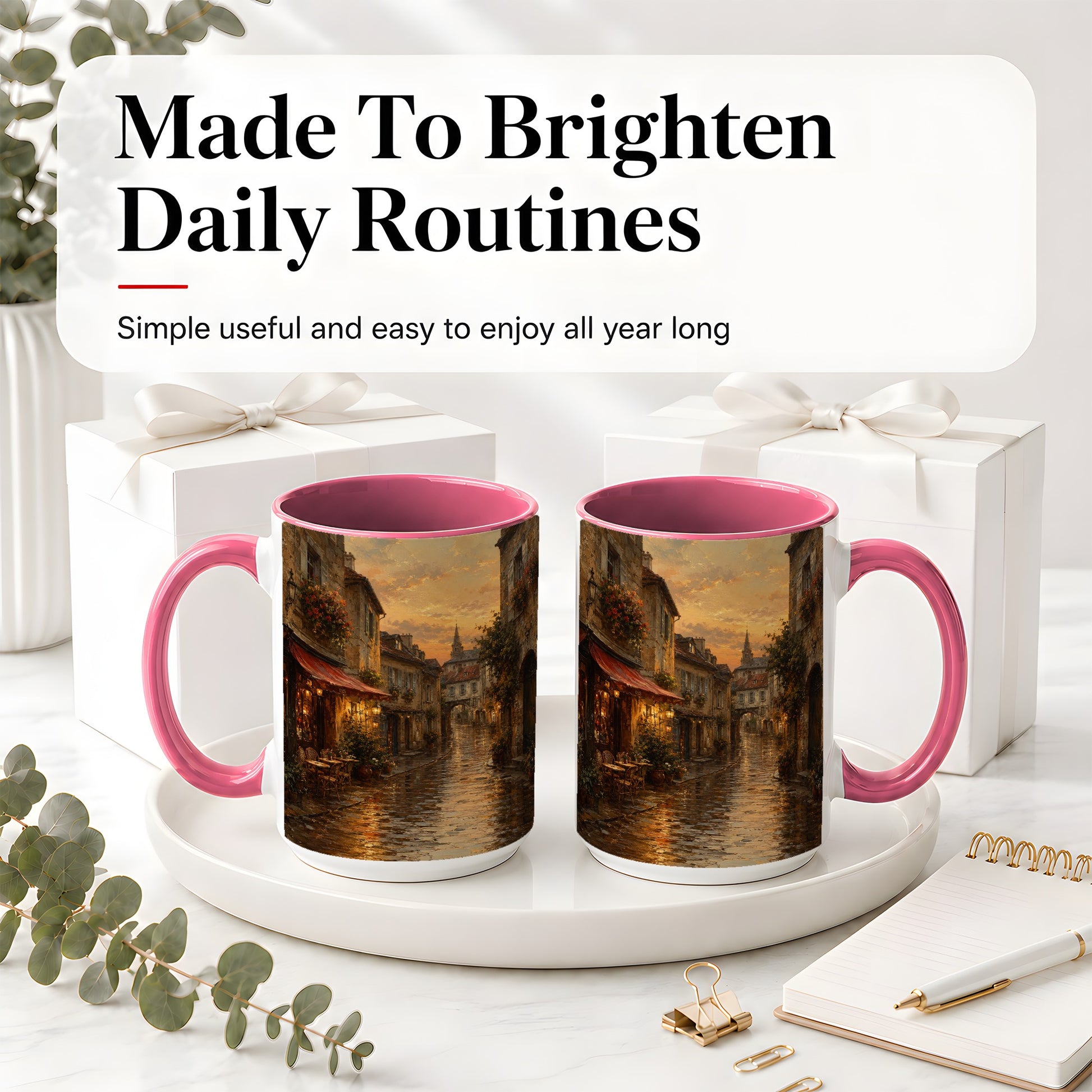 #pl[15oz|Pink] Rainy Old Town Ceramic Mug, Cozy European Cafe Street Scene