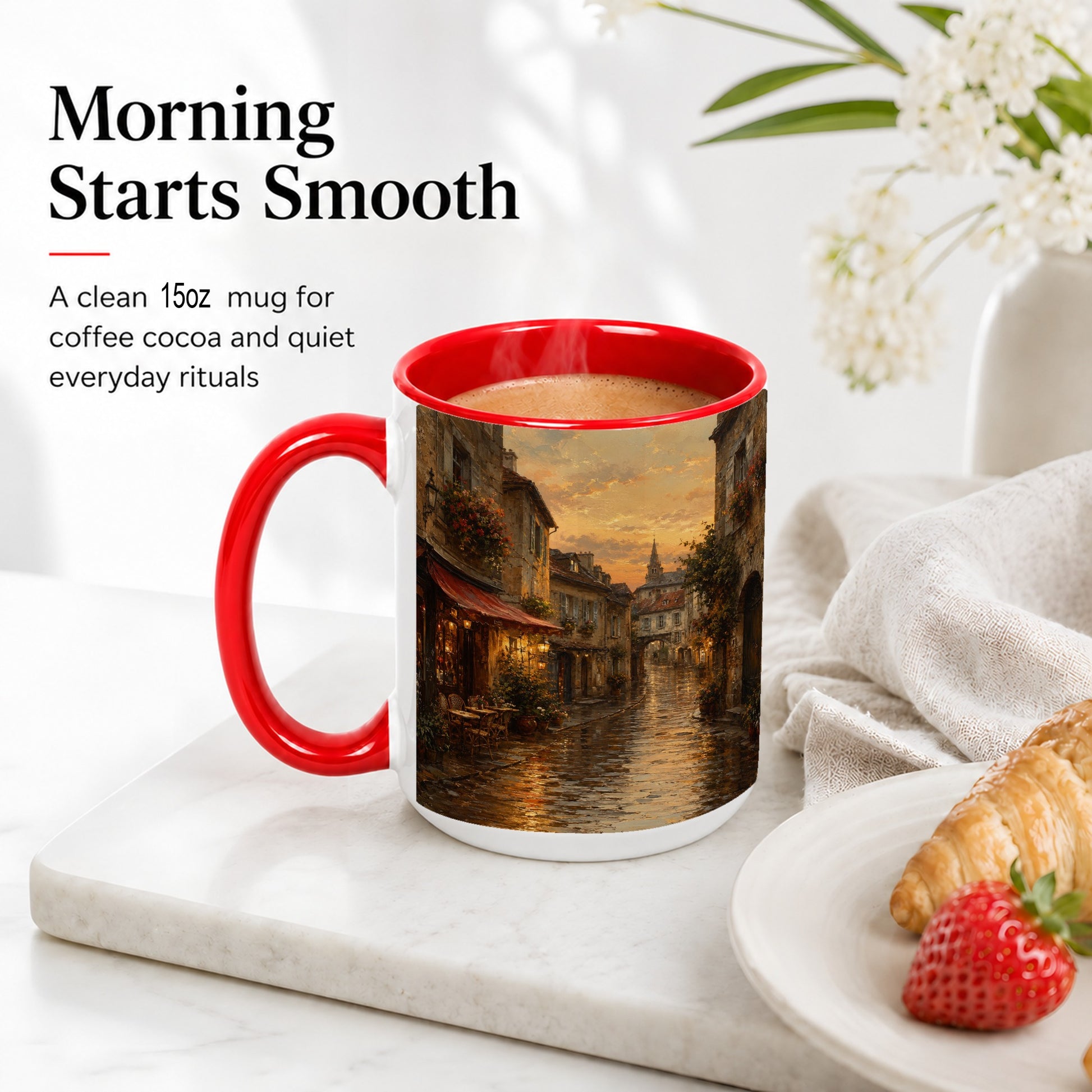 #pl[15oz|Red] Rainy Old Town Ceramic Mug, Cozy European Cafe Street Scene